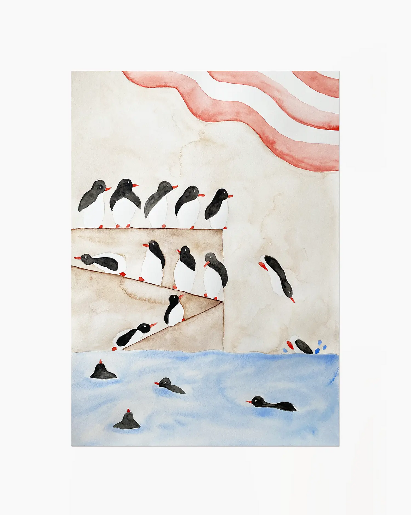 Illustration of penguins diving into the water