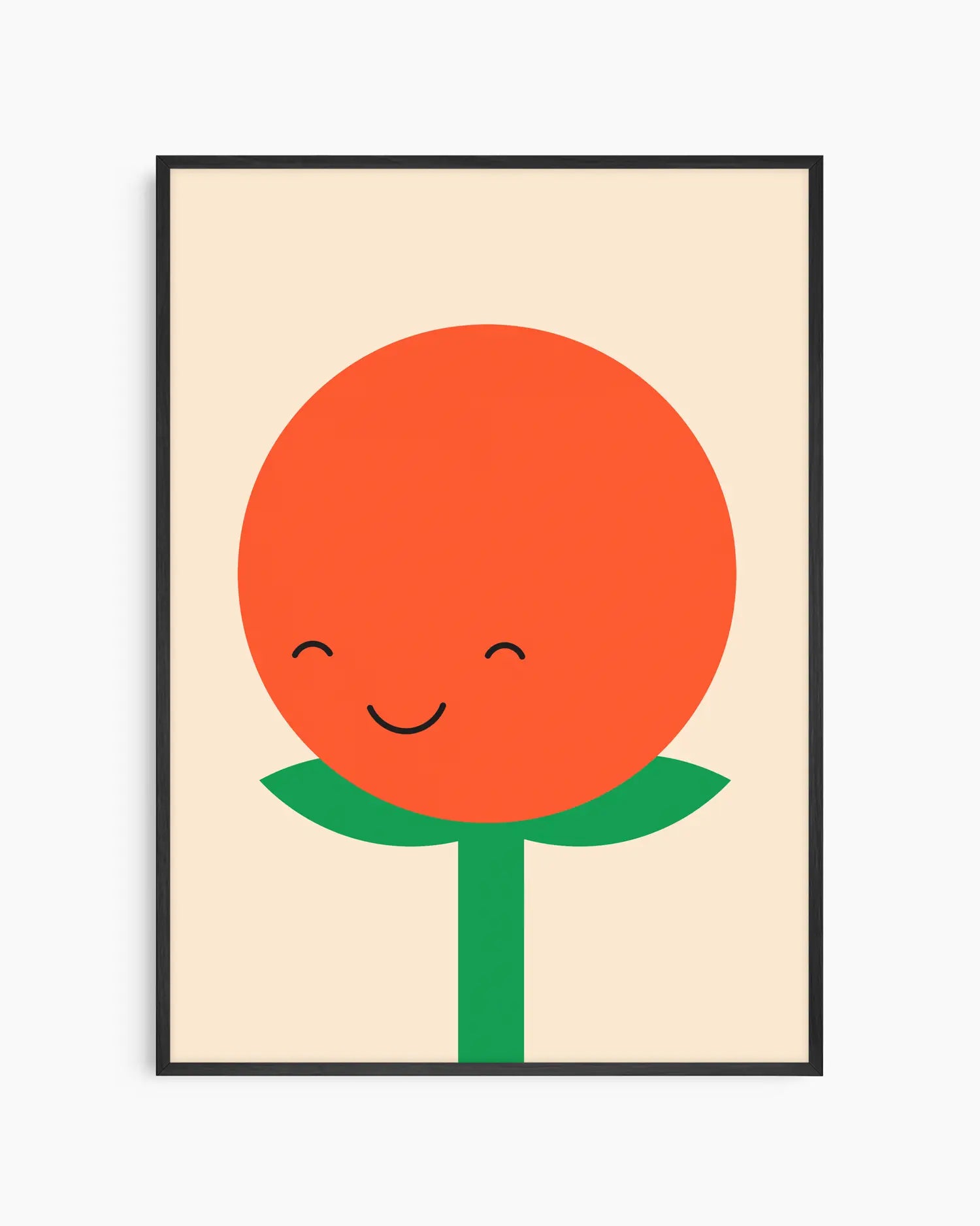 Nursery poster of a smiling tomato with a green stem on a beige background framed in a black wooden frame