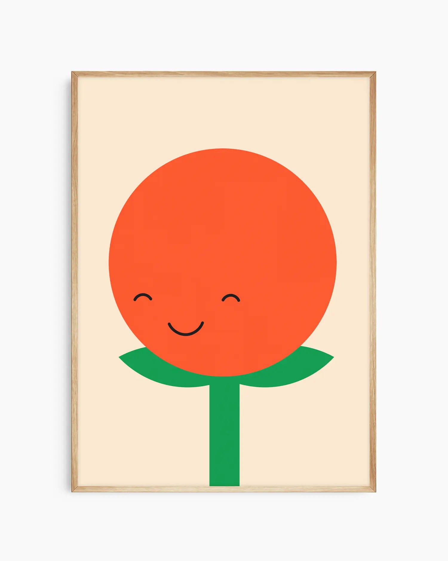 Nursery poster of a smiling tomato with a green stem on a beige background framed in an oak frame