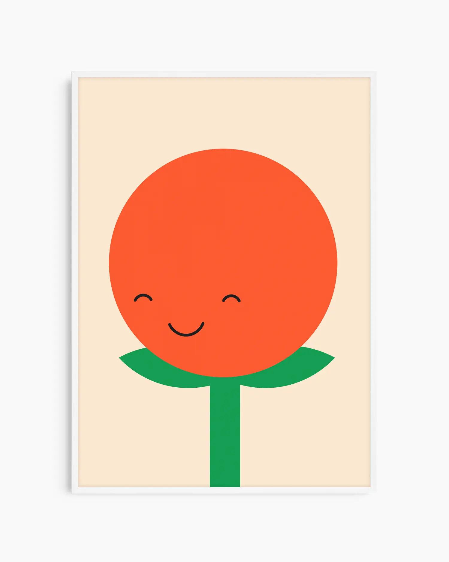 Nursery poster of a smiling tomato with a green stem on a beige background framed in a white wooden frame