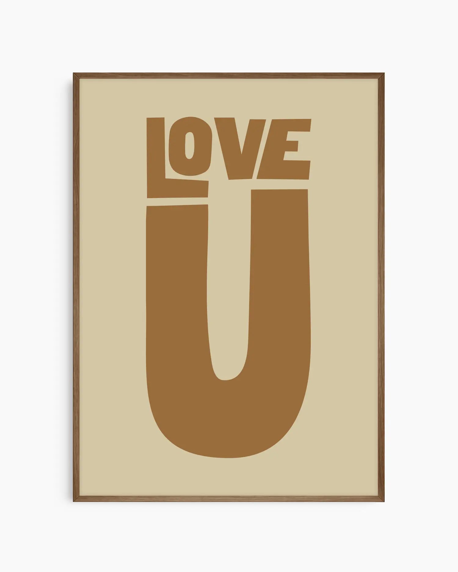Beige nursery poster with 'LOVE U' text in brown on a beige background framed in a dark oak frame.