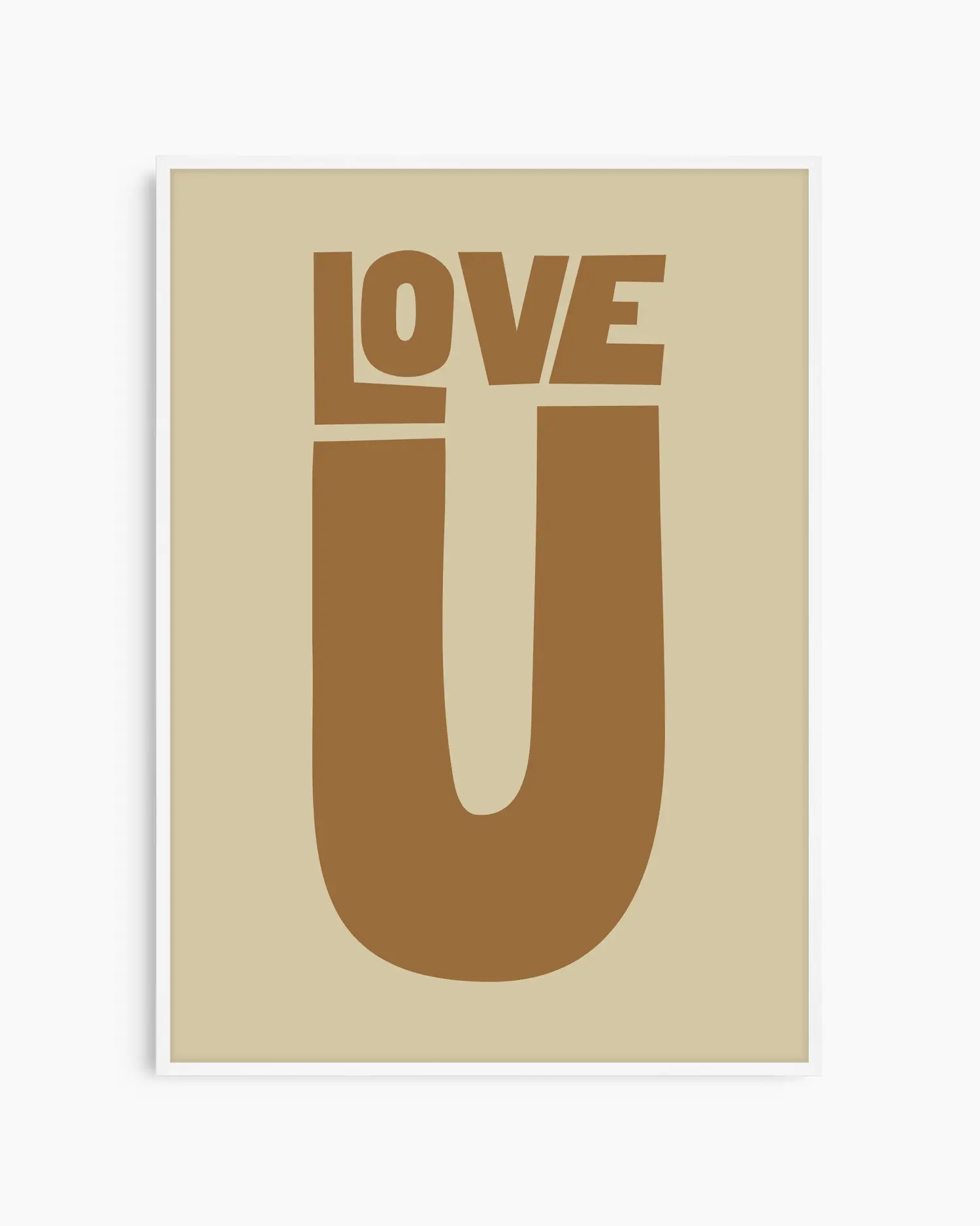 Beige nursery poster with 'LOVE U' text in brown on a beige background framed in a white frame.