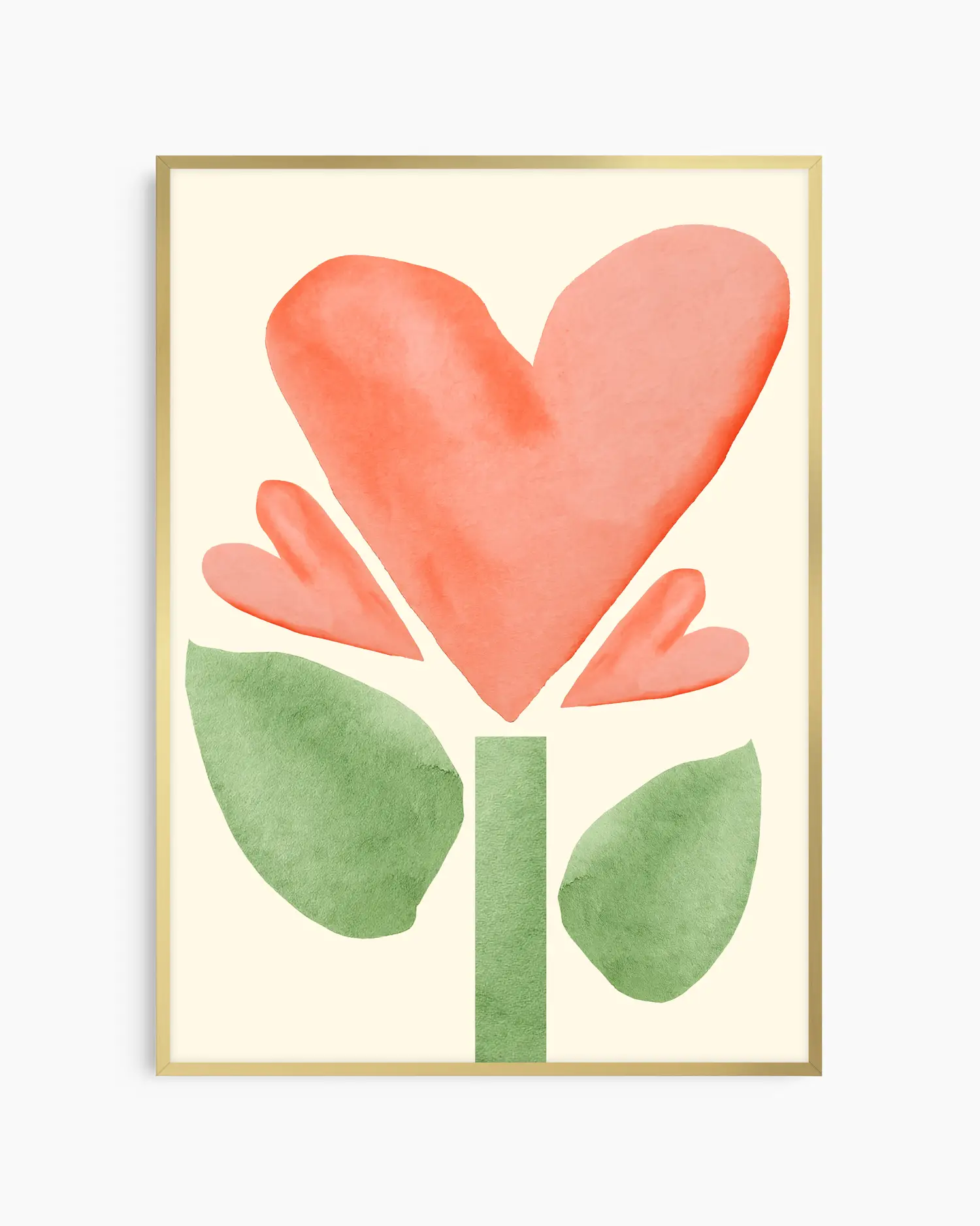 Framed nursery poster with a heart-shaped flower with green stem and leaves on a light yellow background