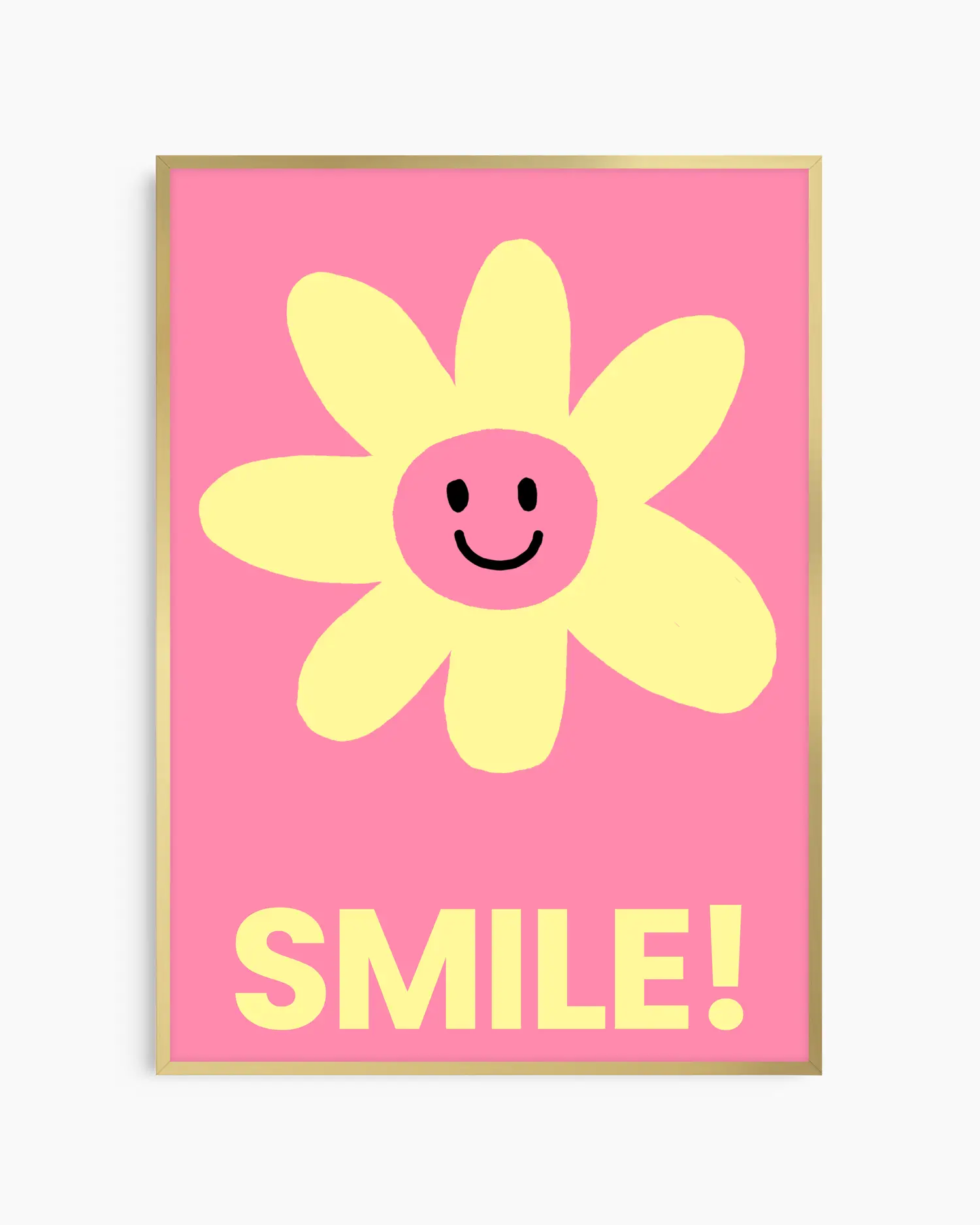 Pink nursery poster with a yellow smiling flower and 'SMILE!' written on it, framed in a gold frame.