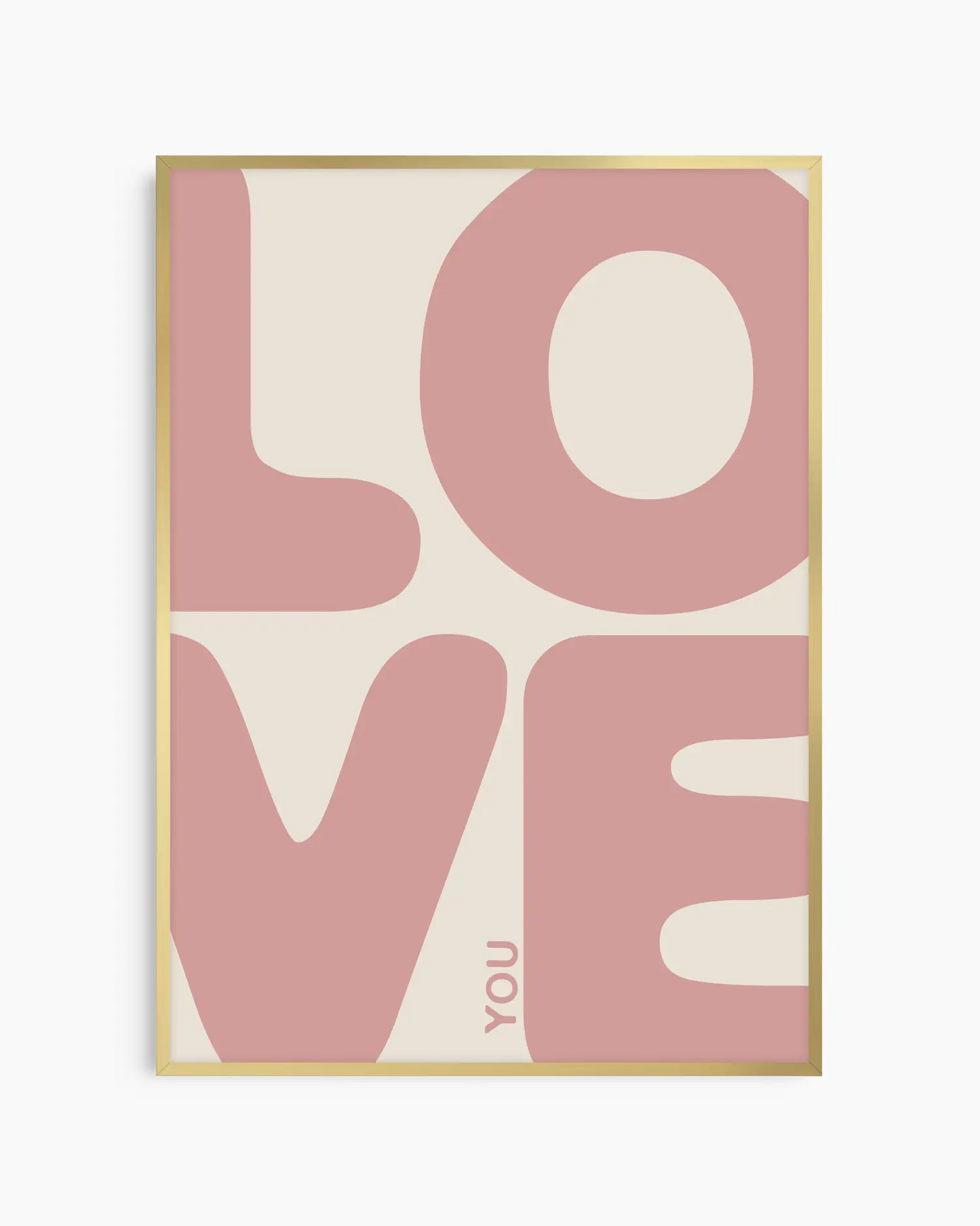 Nursery poster with 'LOVE YOU' written in pink letters on a beige background, in a gold frame