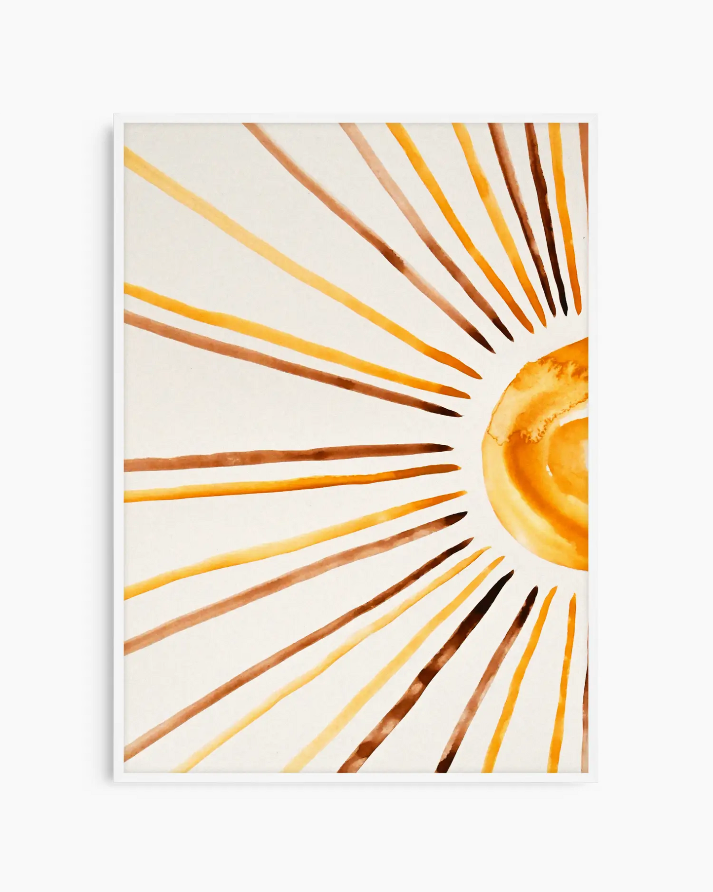 Nursery poster of sunrays in yellow, orange and brown on a white background with white frame