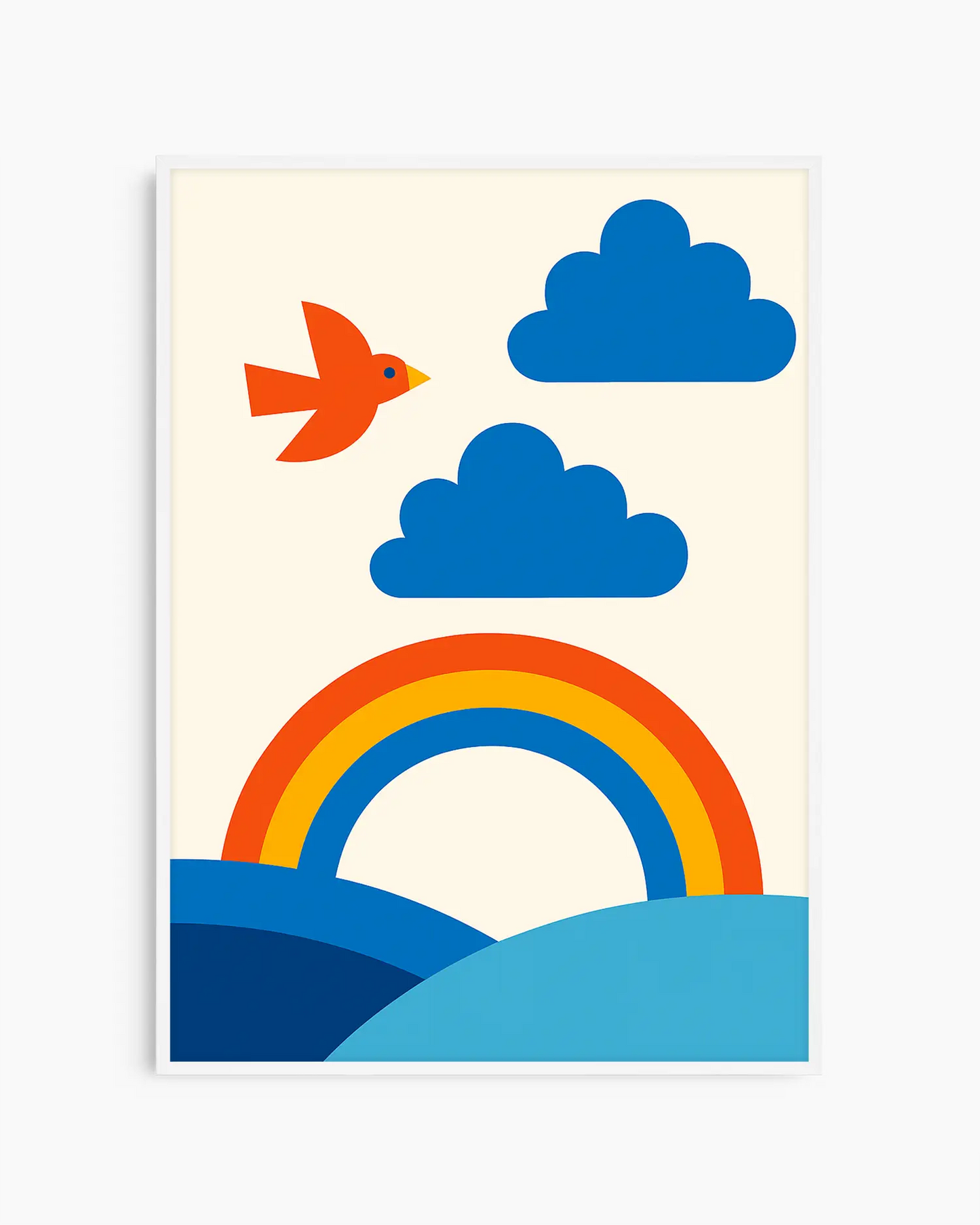 A fun and colorful nursery poster of a rainbow, clouds, and a bird on a beige background, framed in a white wooden frame.