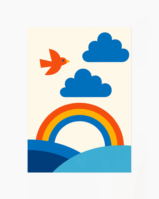 A fun and colorful nursery poster of a rainbow, clouds, and a bird on a beige background