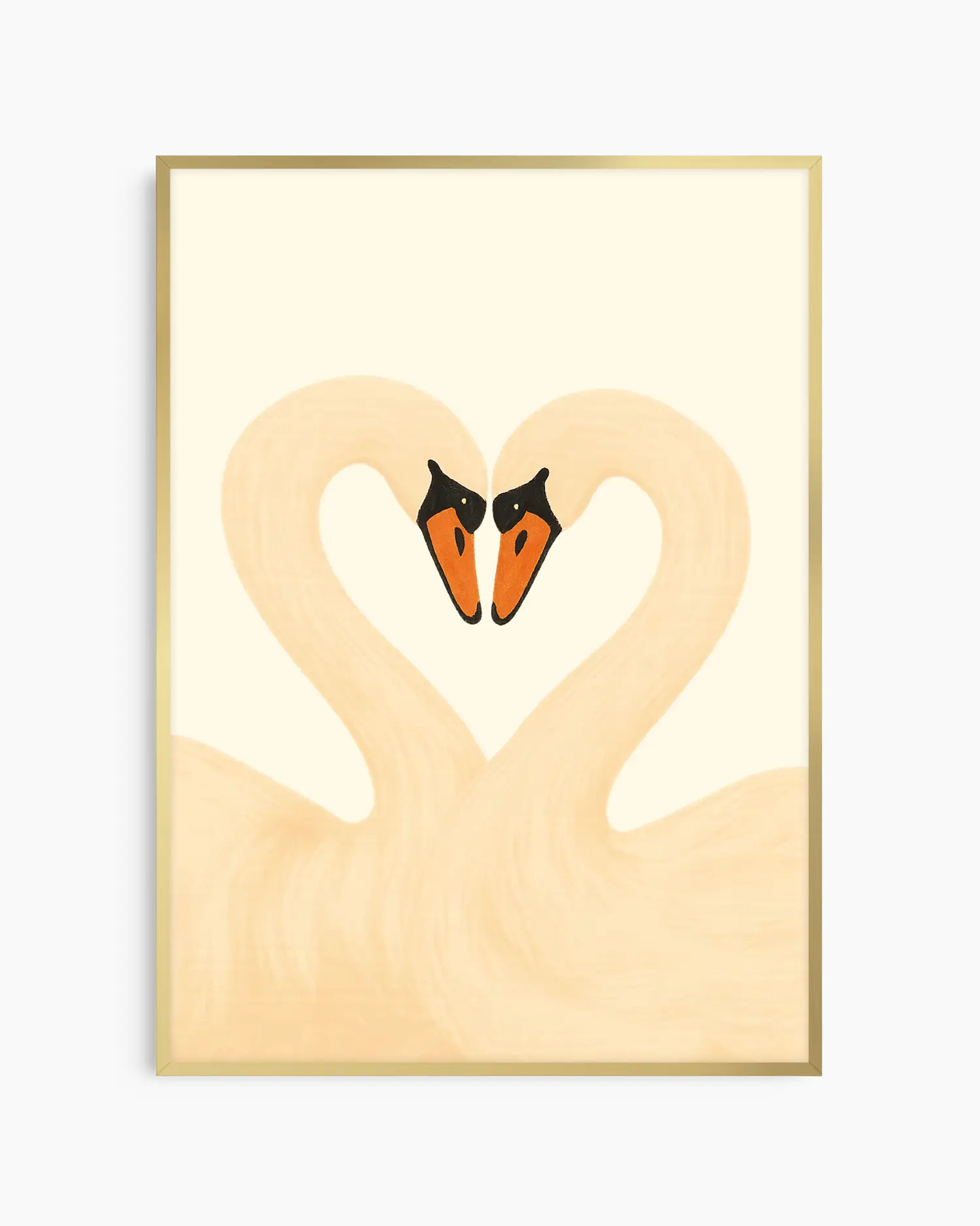 Framed artwork of two swans forming a heart on a light background