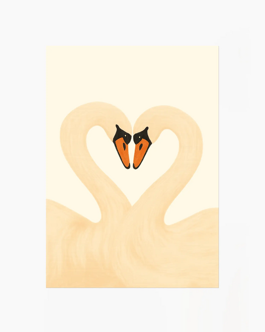 Artwork of two swans forming a heart on a light background