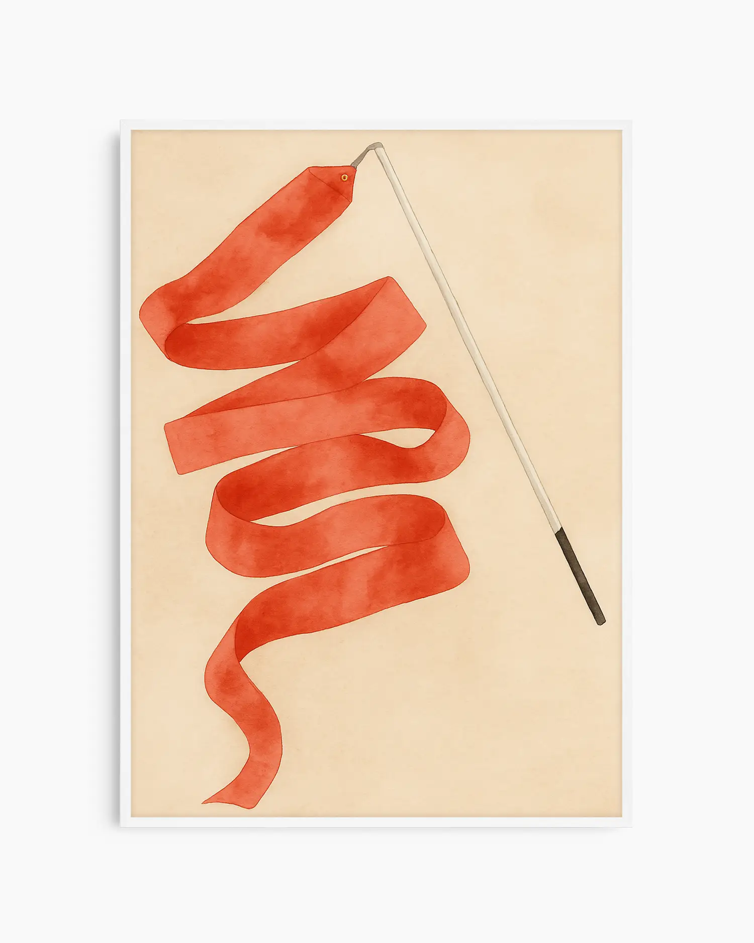 Framed artwork with a red ribbon on a stick against a beige background.