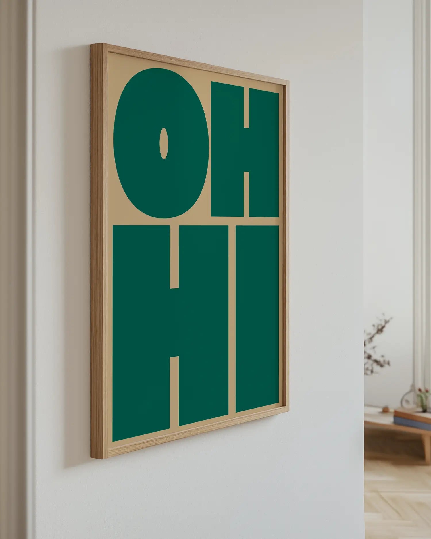 Green poster with the text "OH HI" on the wall