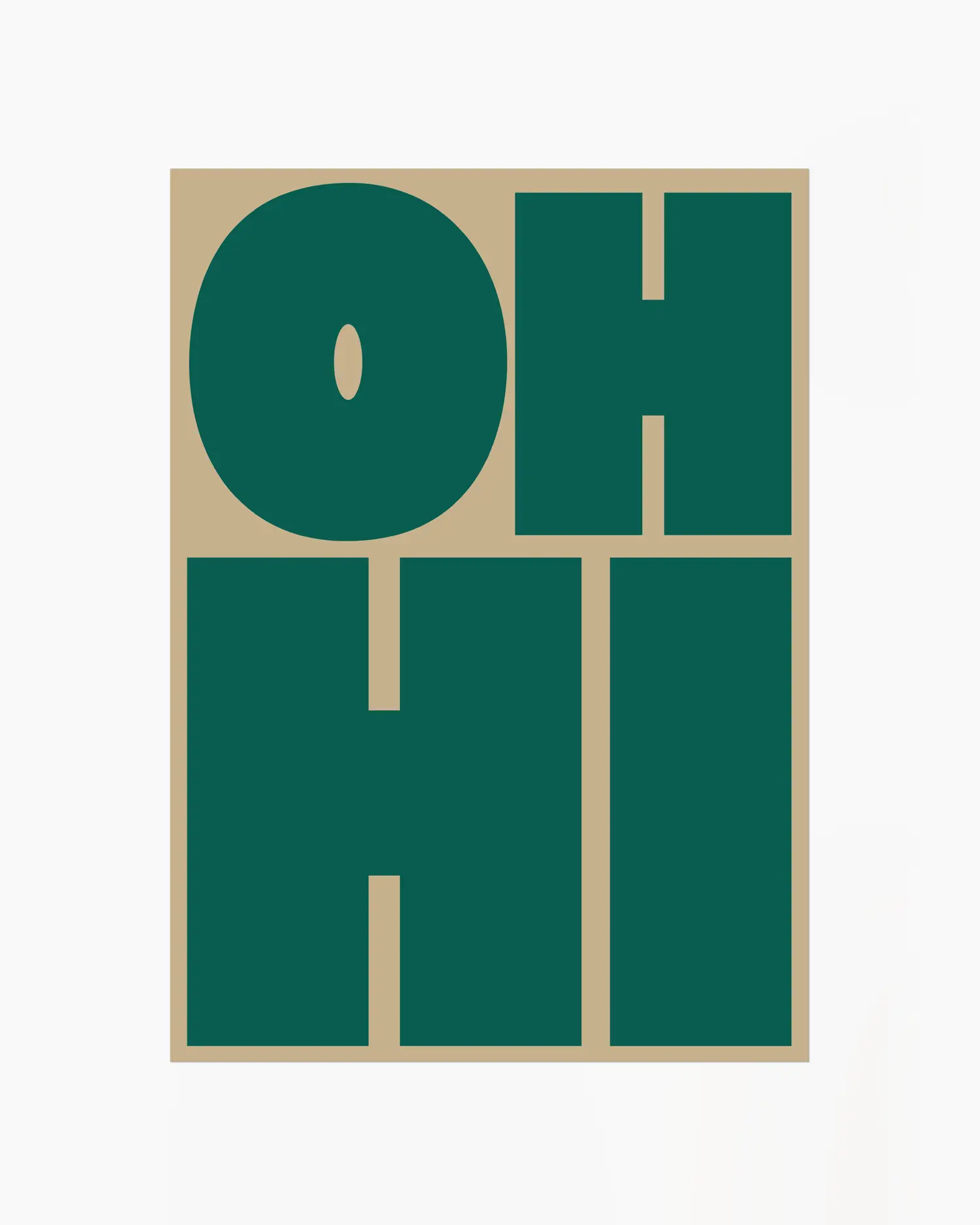 Nursery poster with green 'OH HI' text on a olive green background. 