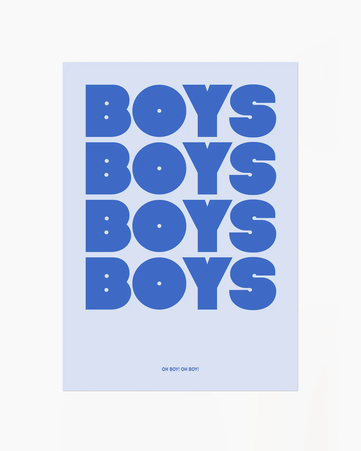 Nursery poster with repetitive text 'BOYS' in blue on a light blue background.