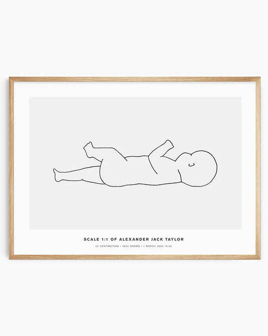 Minimalist line art birth poster capturing baby’s first moments
