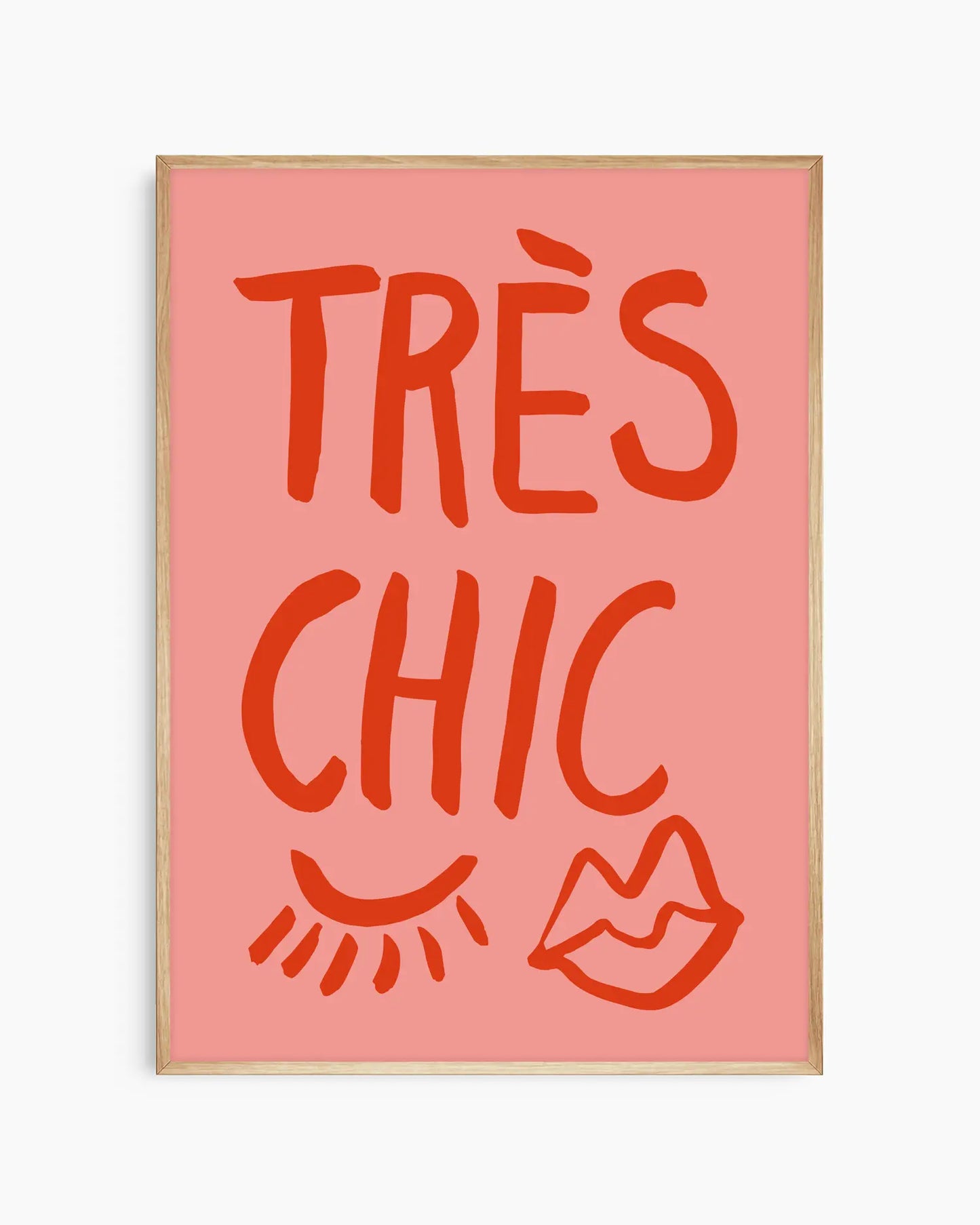 Warm, minimalist wall art in pastel red tones on a pastel red background, shown in a oak frame.