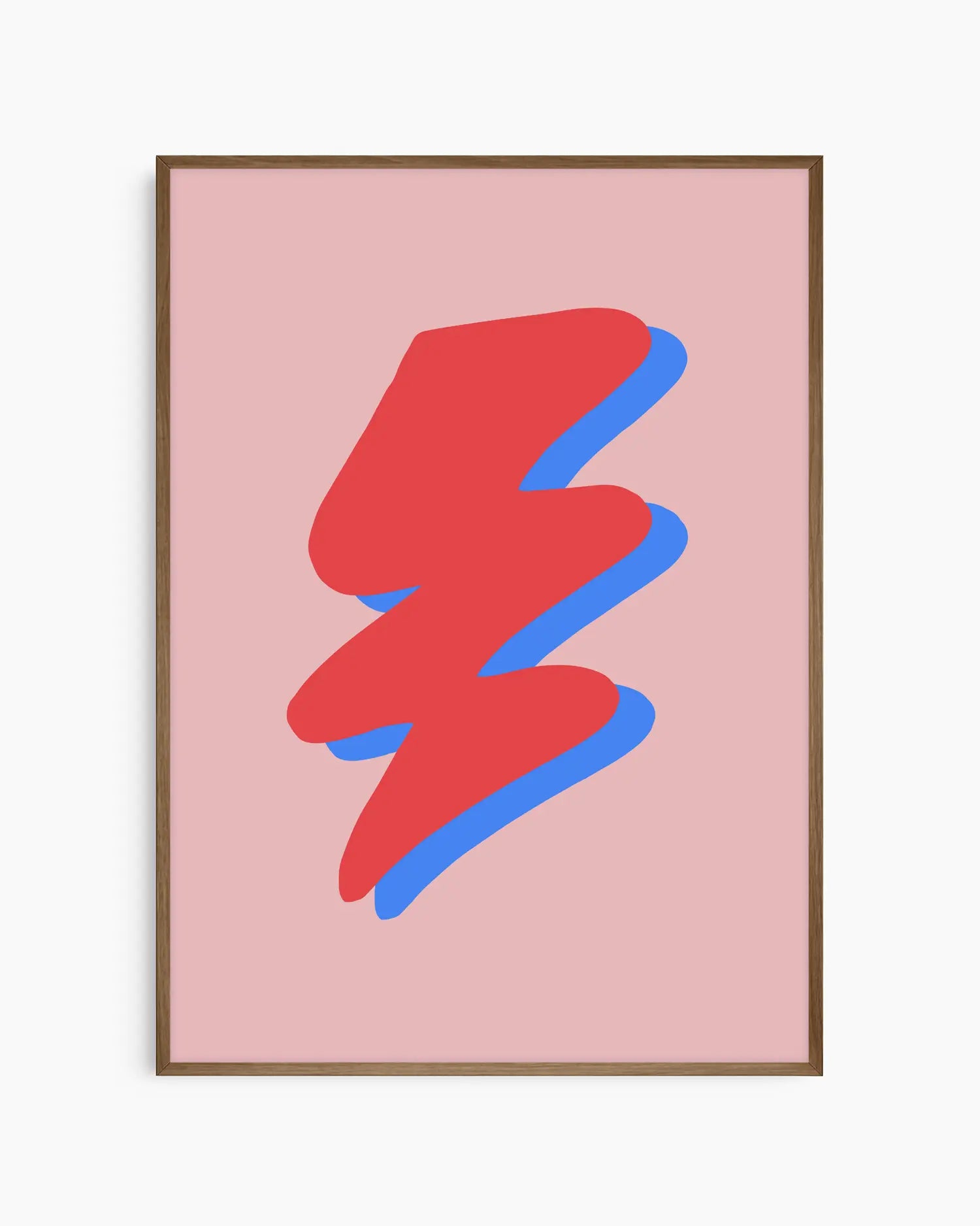 Warm, minimalist wall art in pastel red tones on a pastel red background, shown in a dark oak frame.