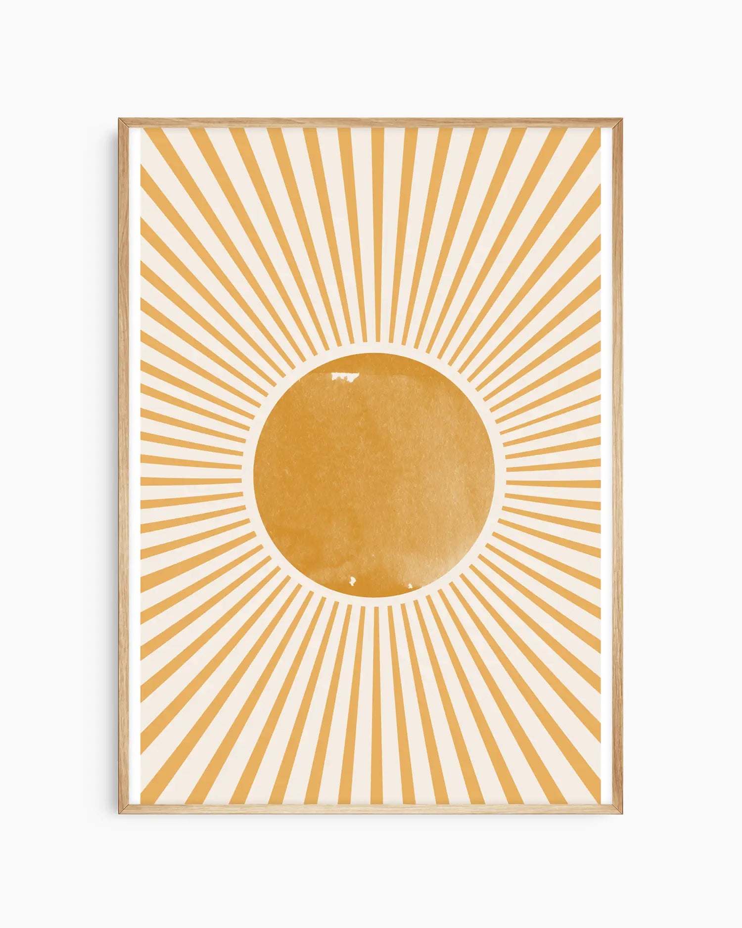 Warm, minimalist wall art in pastel golden yellow tones on a pastel golden yellow background, shown in a oak frame.