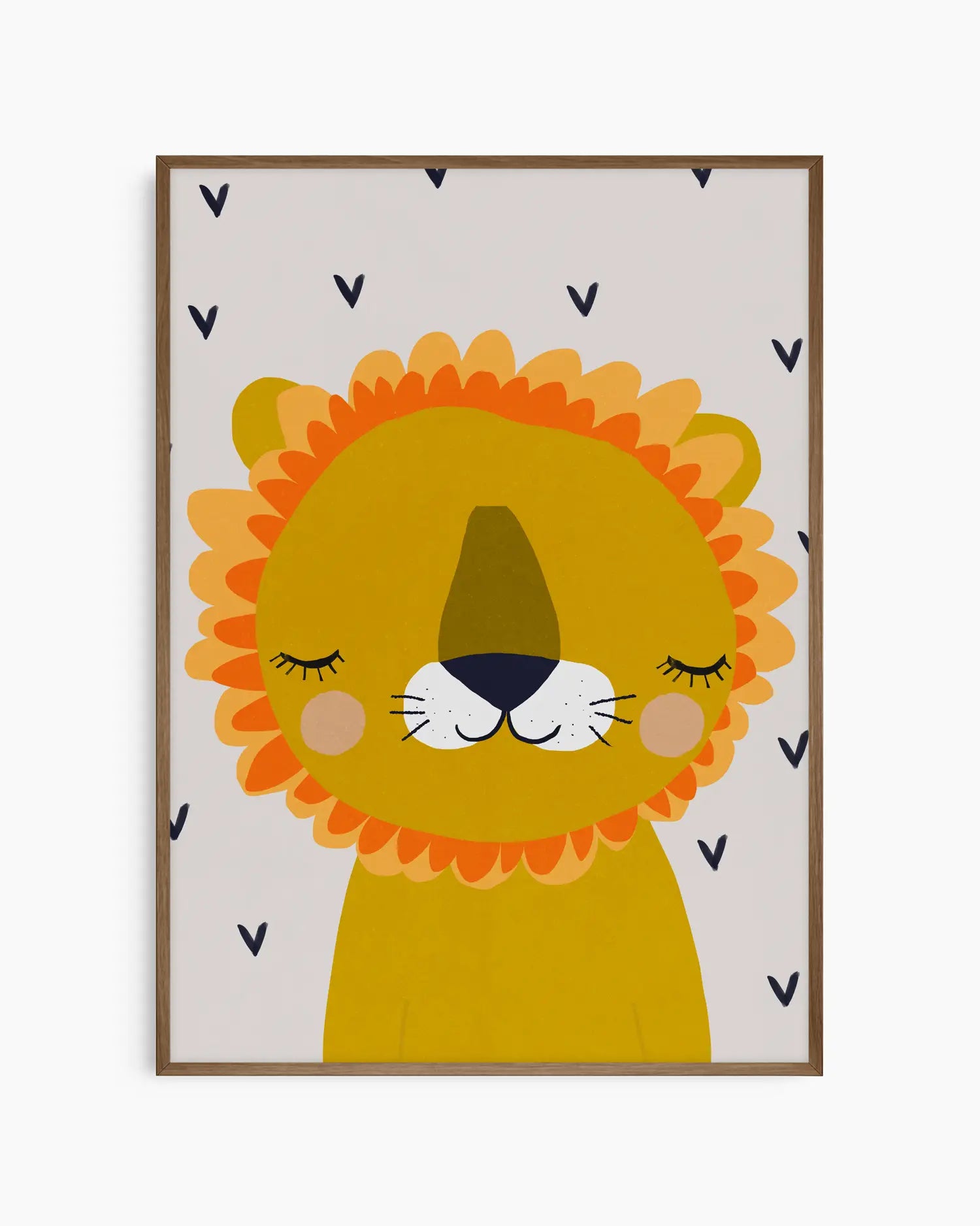 Framed artwork of a cartoon lion with a yellow body and orange mane on a white background with black heart patterns.