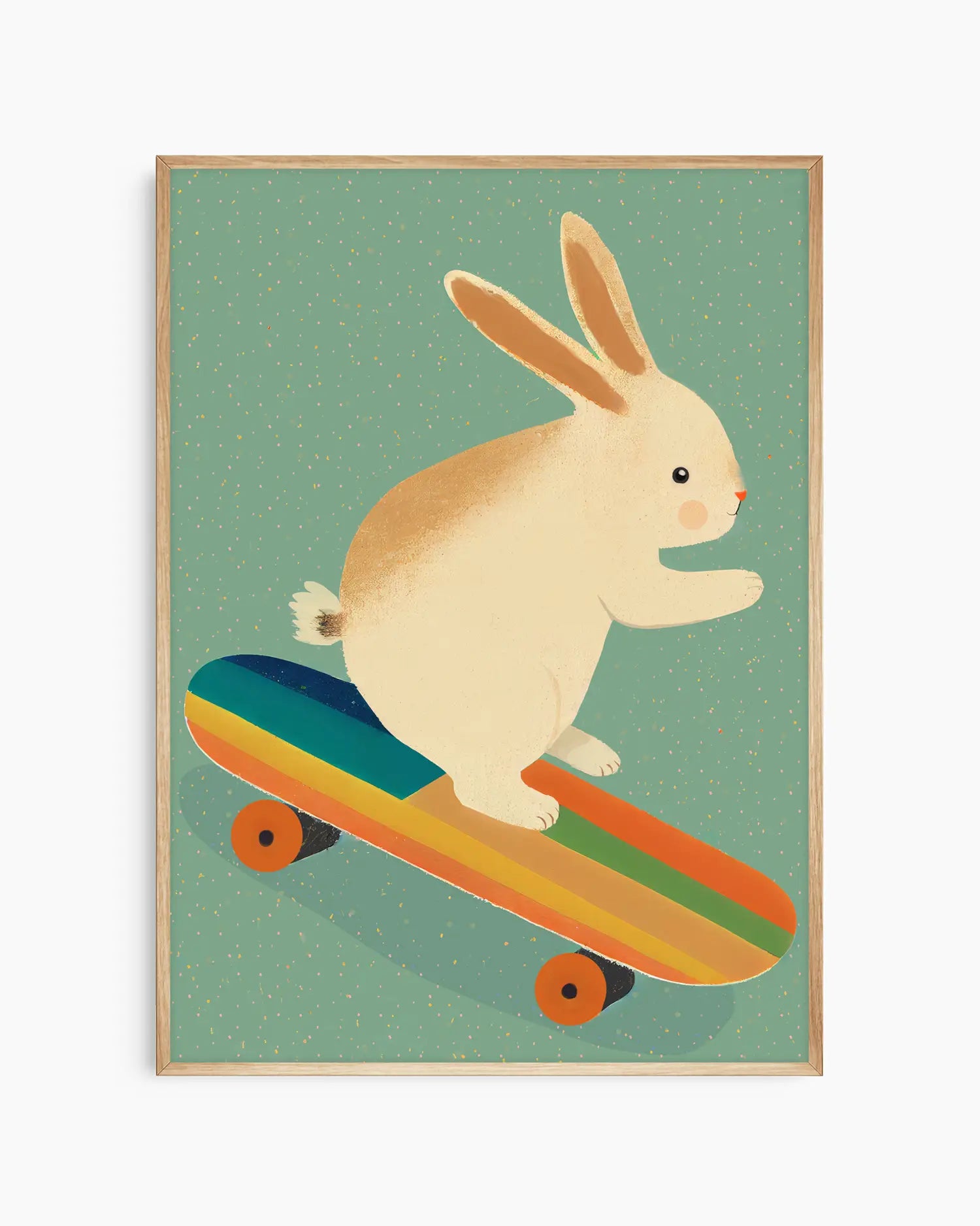 Framed artwork of a rabbit riding a rainbow skateboard on a green background