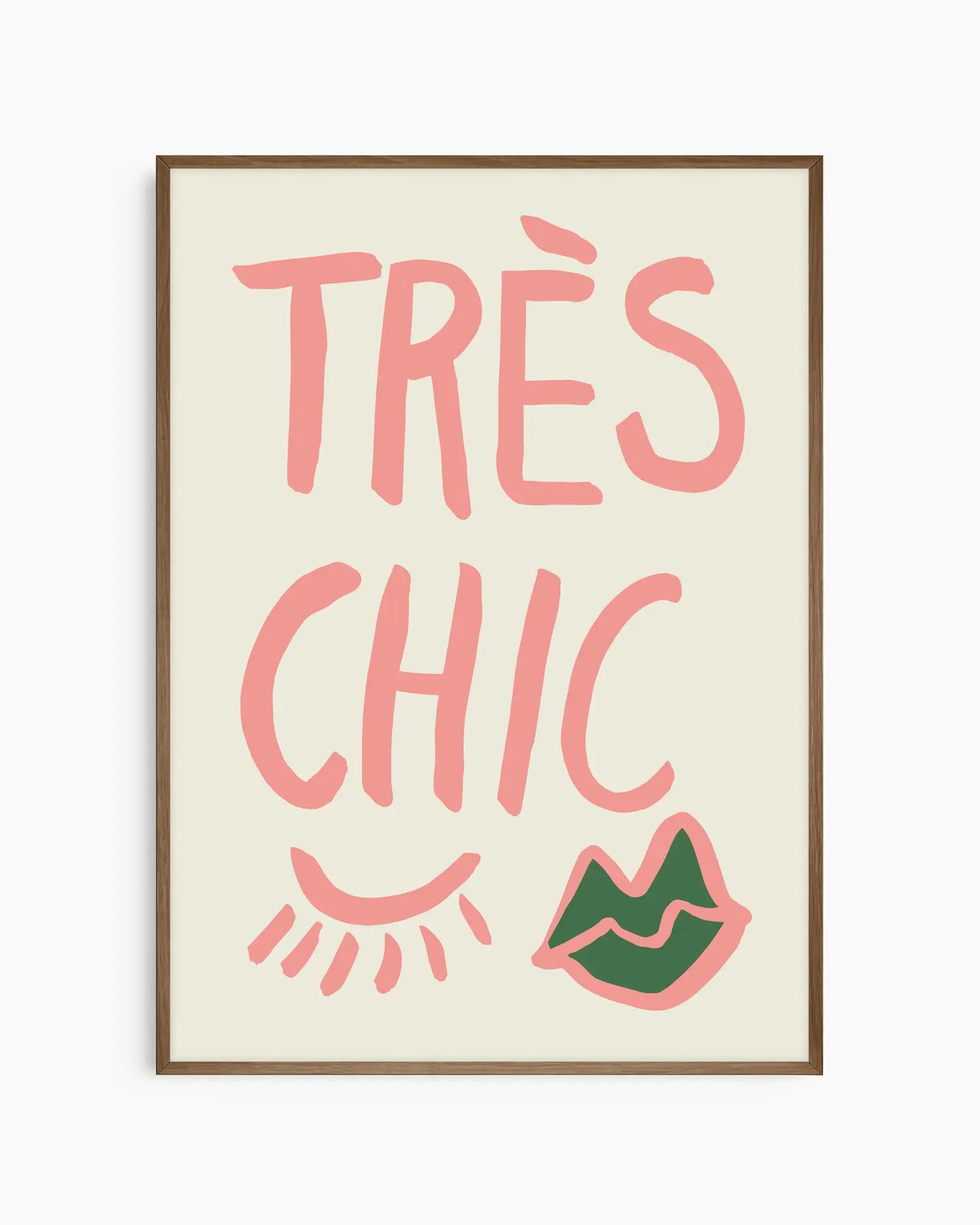 Framed artwork with 'Très Chic' text and decorative elements on a beige background