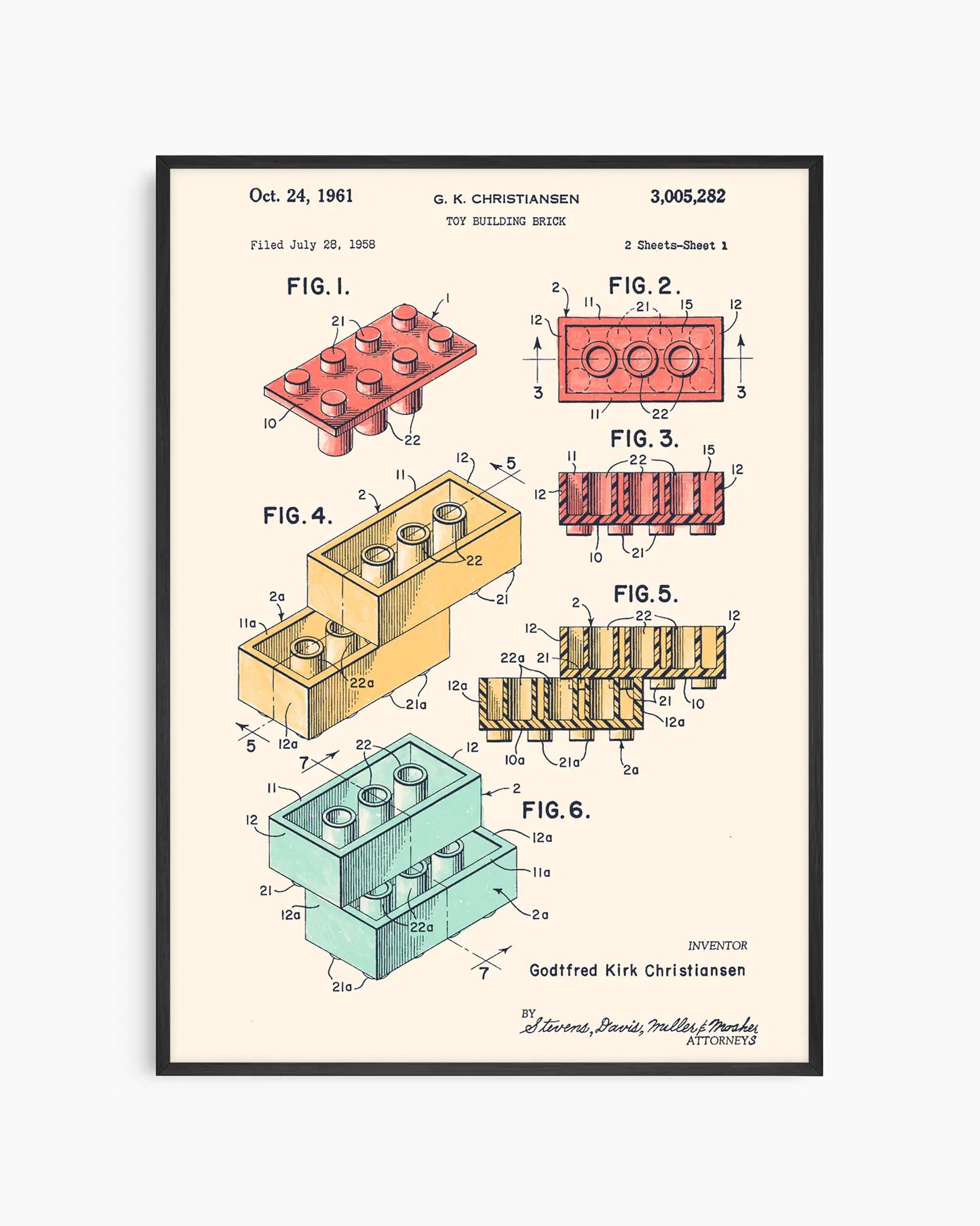 Framed poster of a toy building block patent illustration on a white background