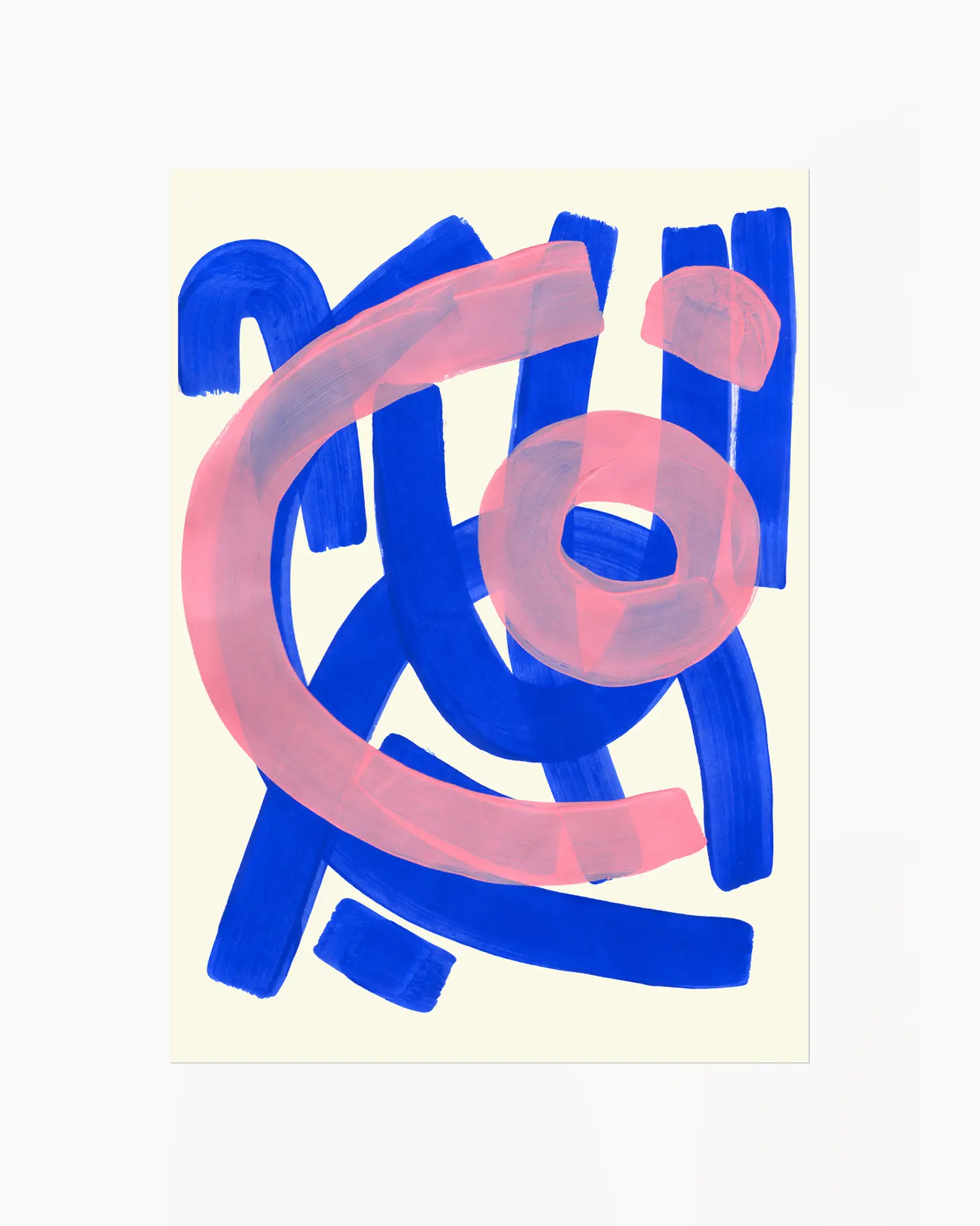 Abstract art with blue and pink brush strokes on a light background