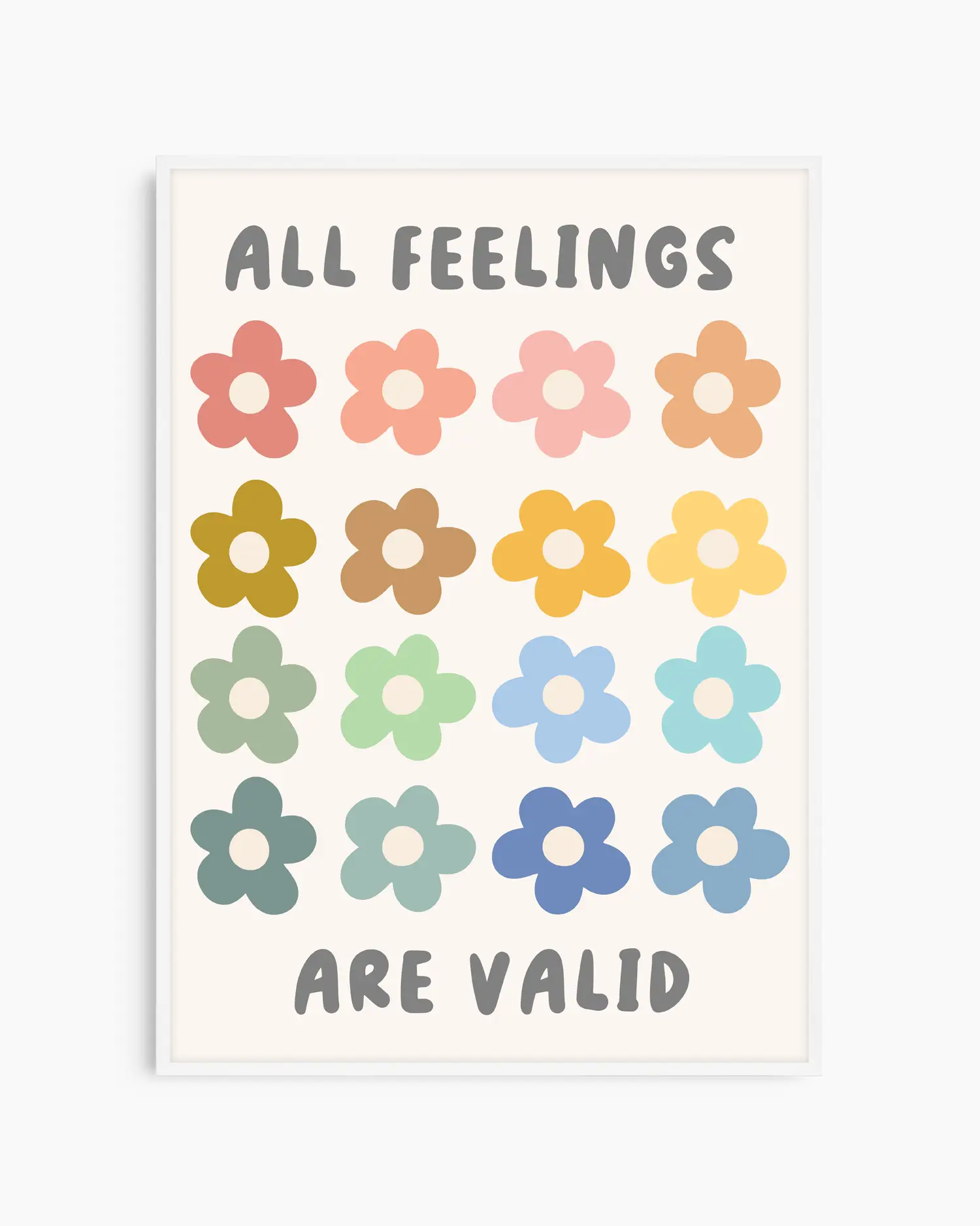 Poster with colorful flowers and text 'All Feelings Are Valid' on a white background