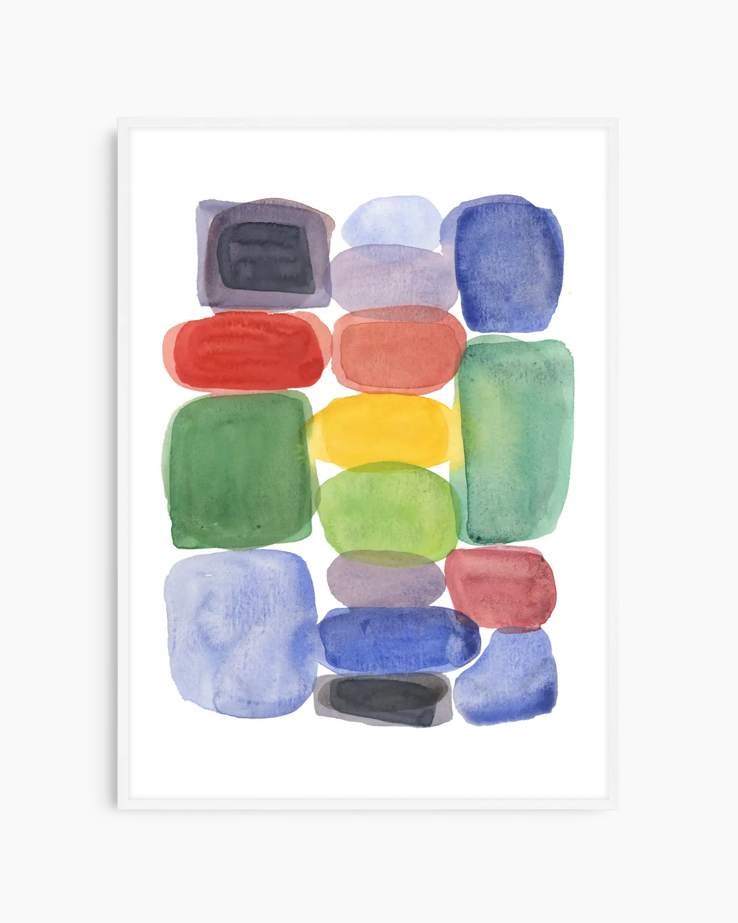 Colorful abstract art print with watercolor textures on a white background