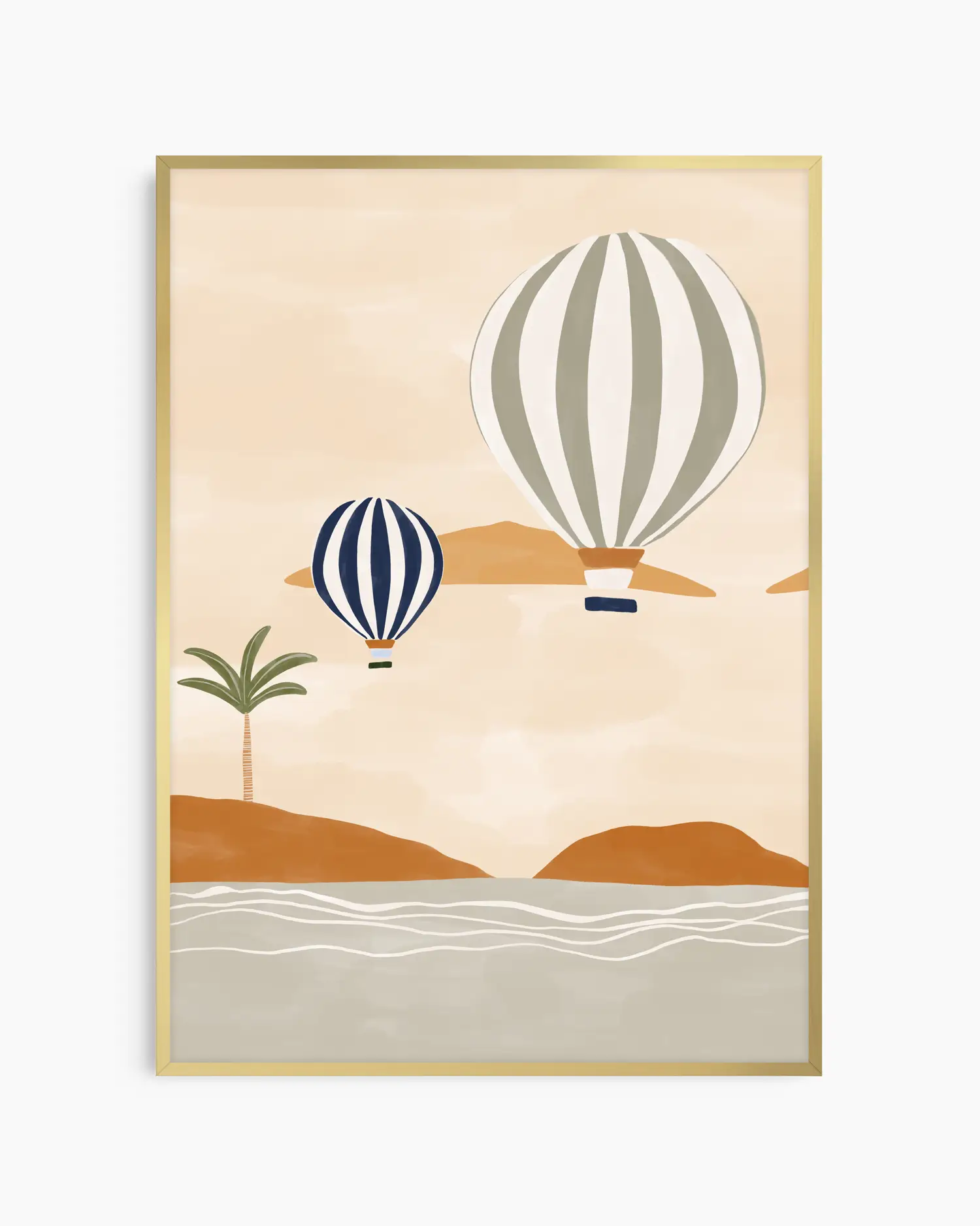 Framed artwork of two hot air balloons over a beach scene with a palm tree.