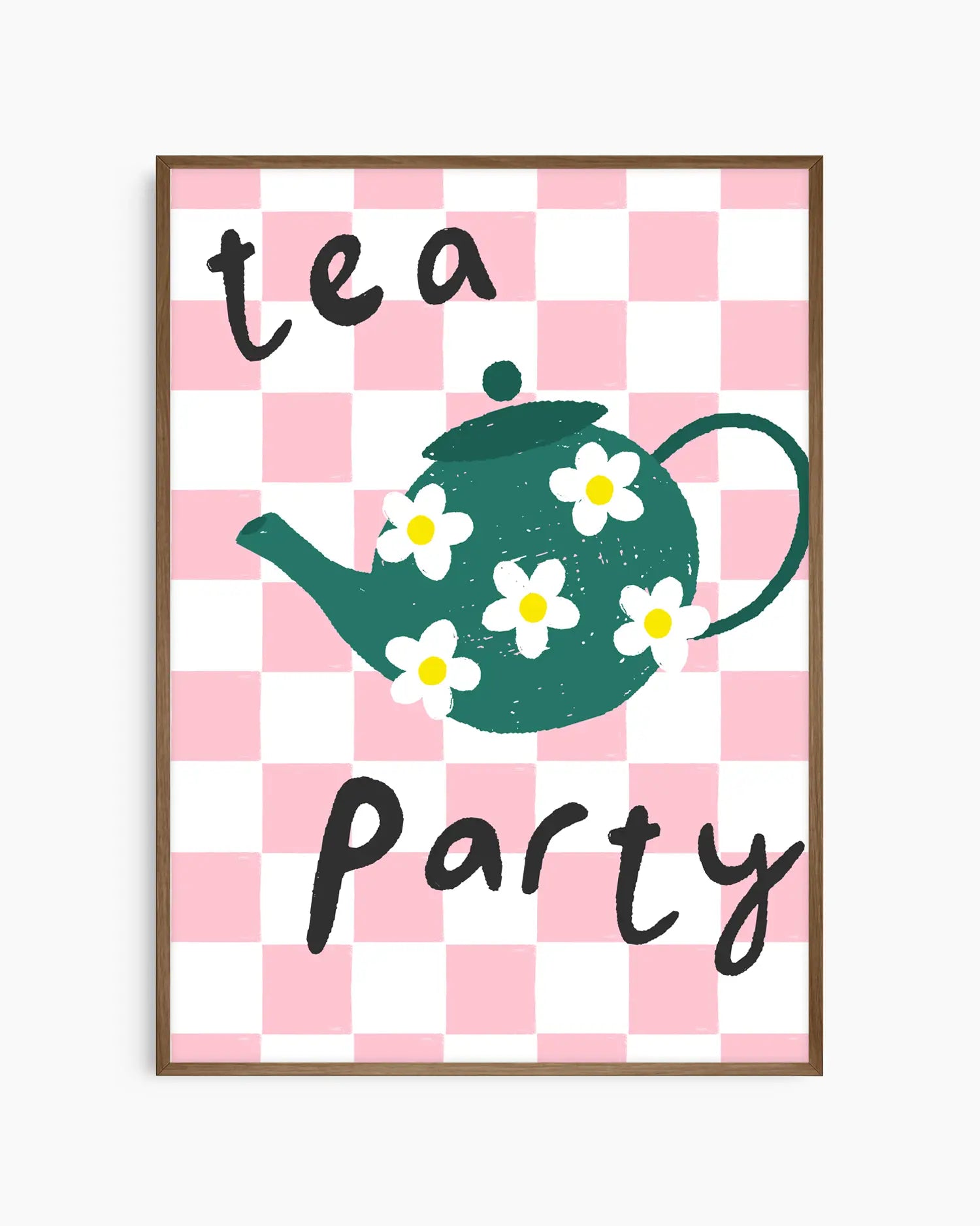 Poster with a green teapot and flowers on a pink and white checkered background with 'tea party' text.