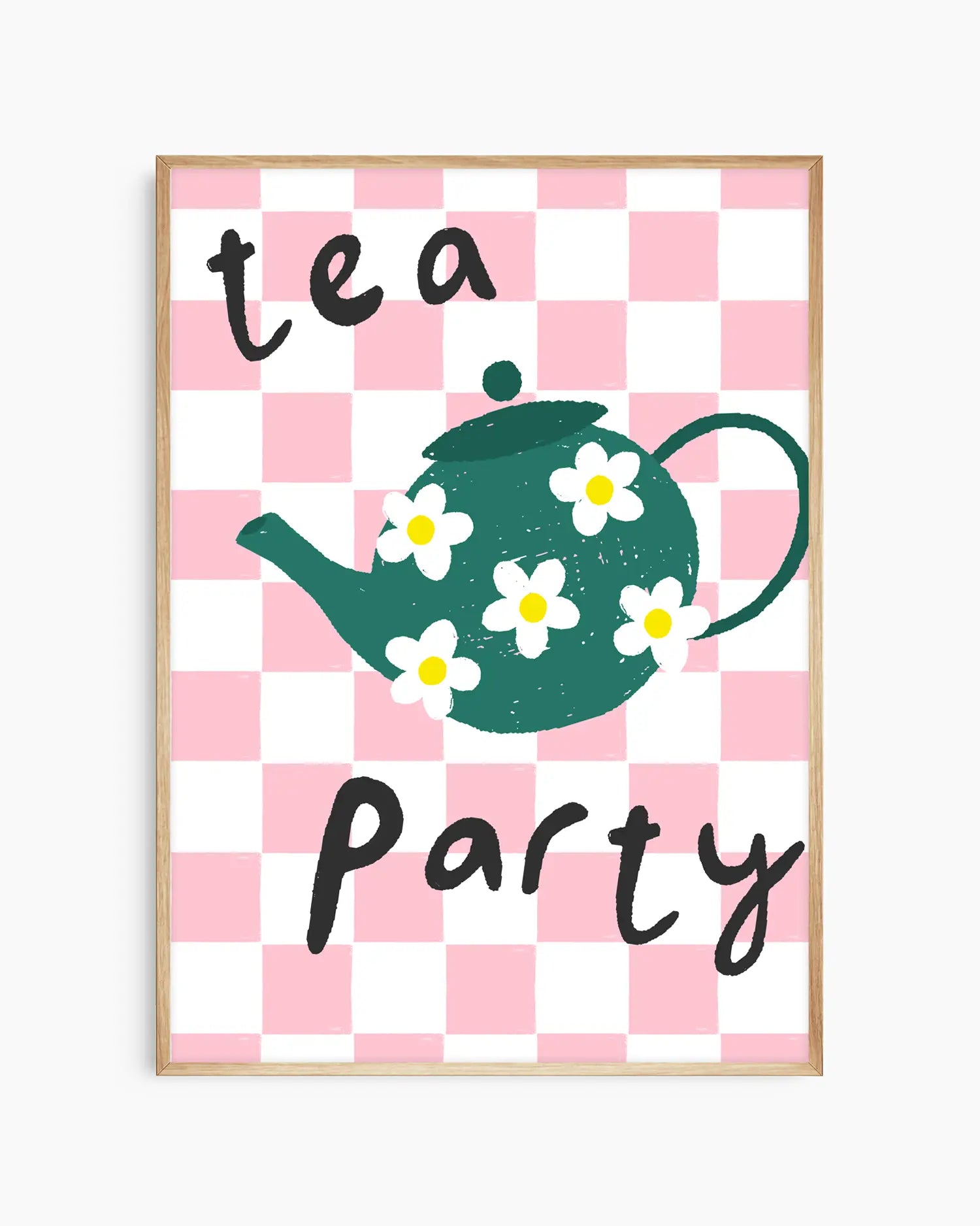 Poster with a green teapot and flowers on a pink and white checkered background with 'tea party' text.