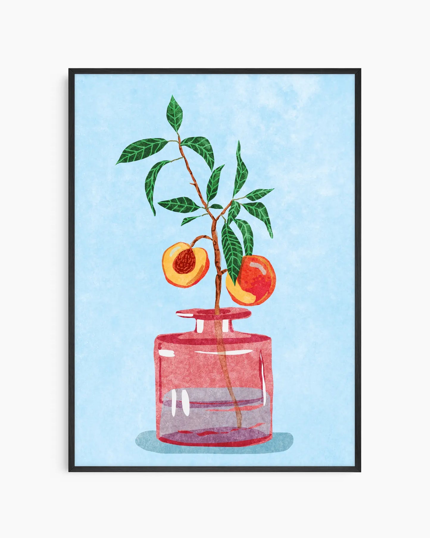 Framed artwork of a red vase with peach branches on a light blue background