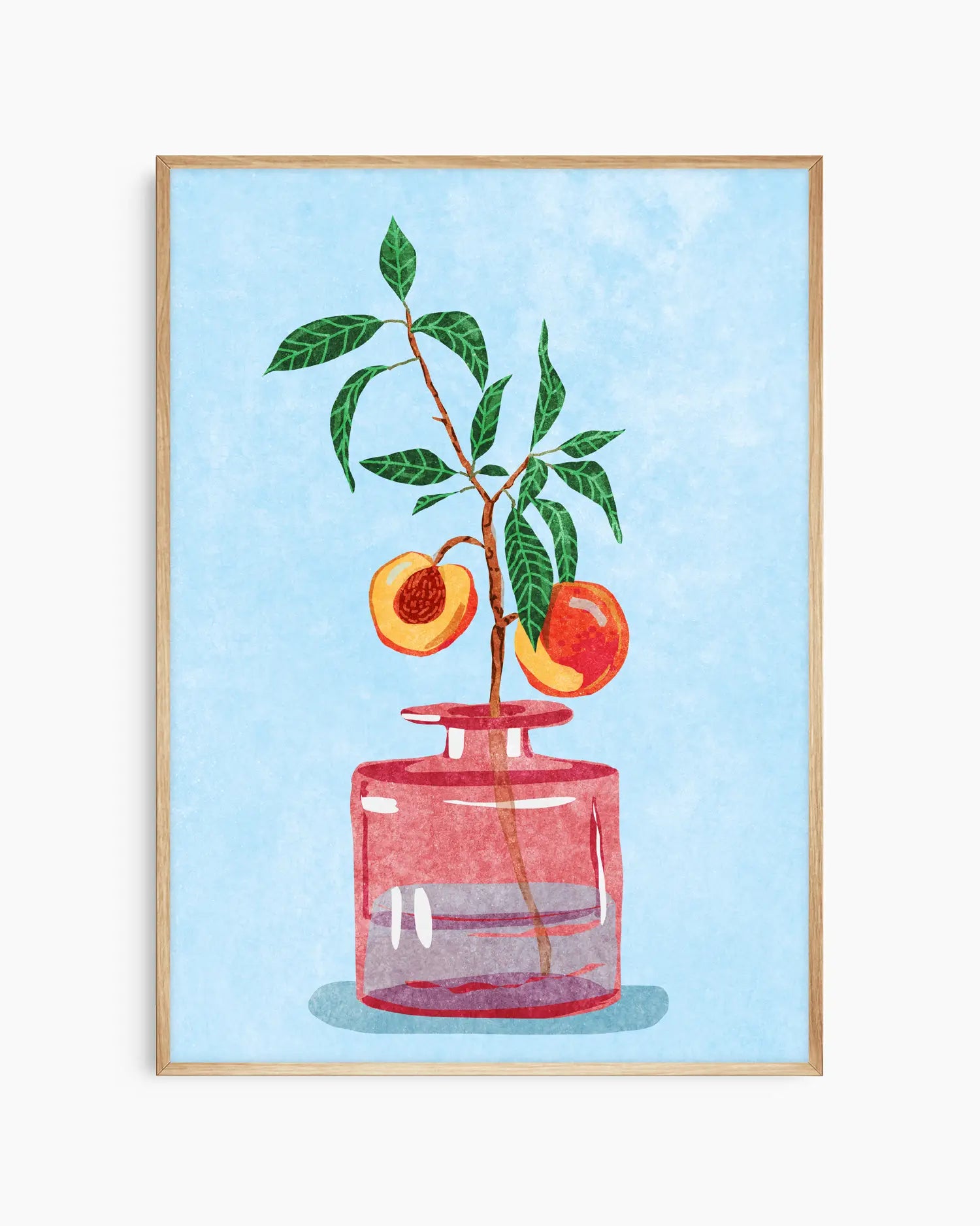 Framed artwork of a red vase with peach branches on a light blue background