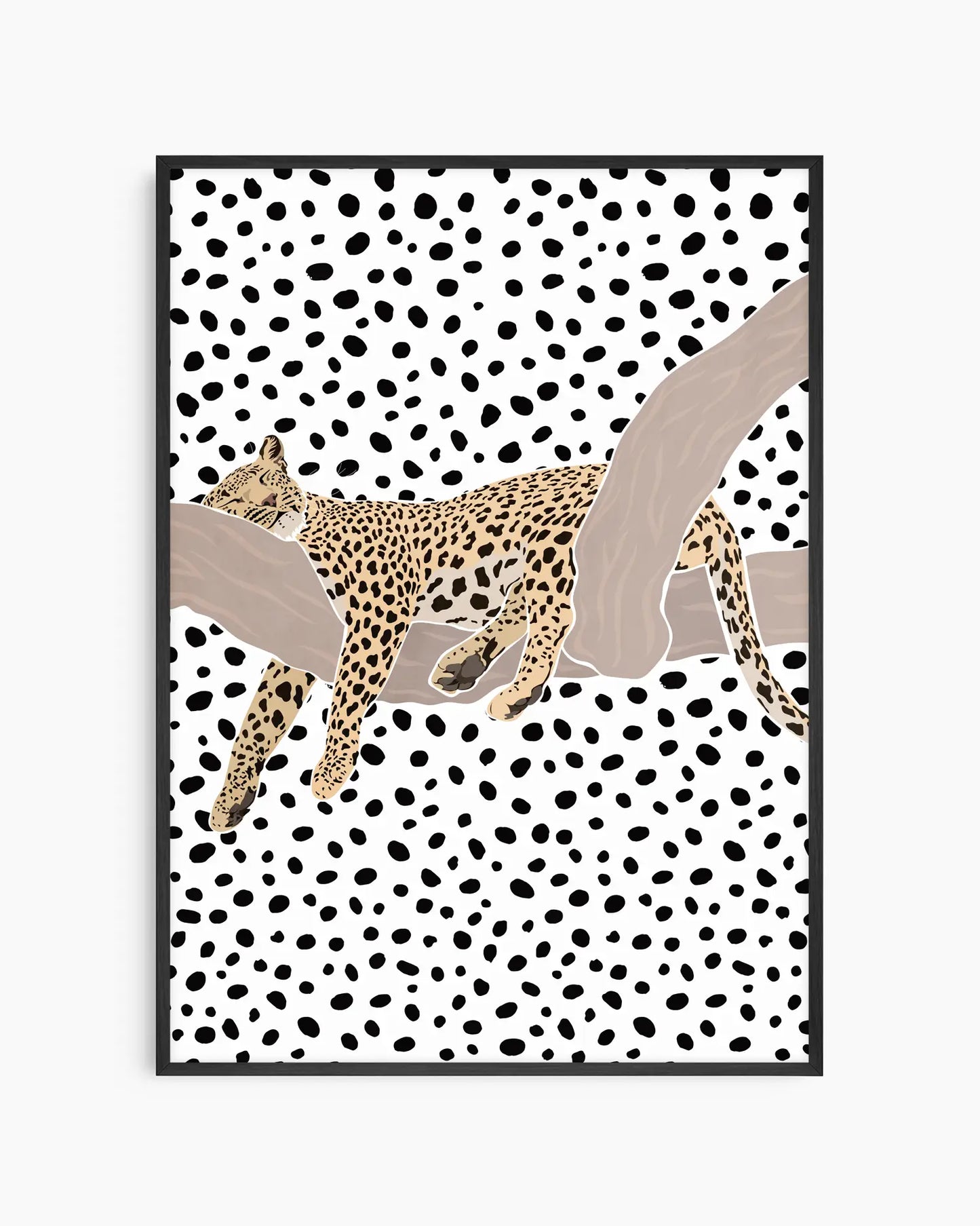 Framed artwork of a leopard on a polka dot background