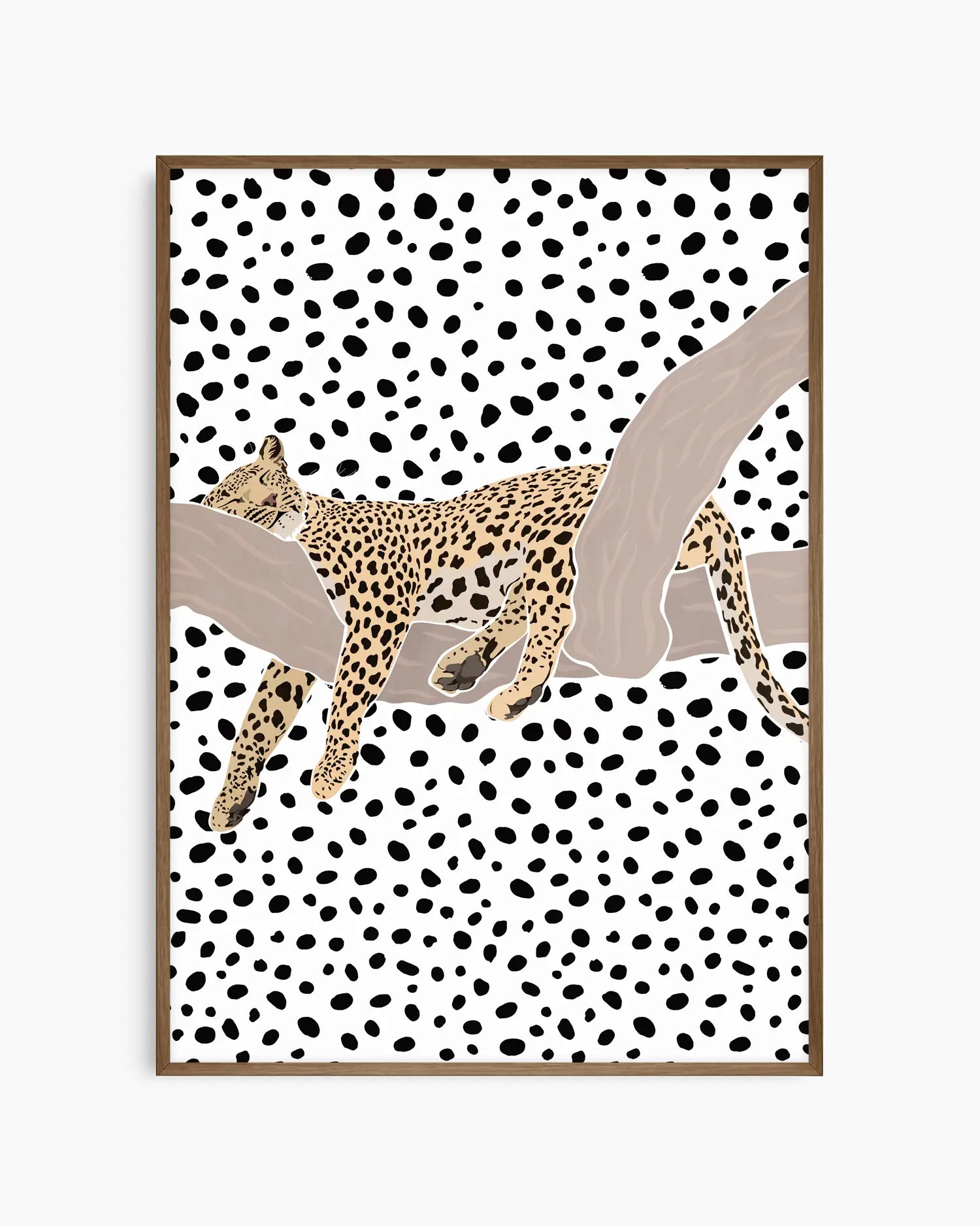 Framed artwork of a leopard on a polka dot background