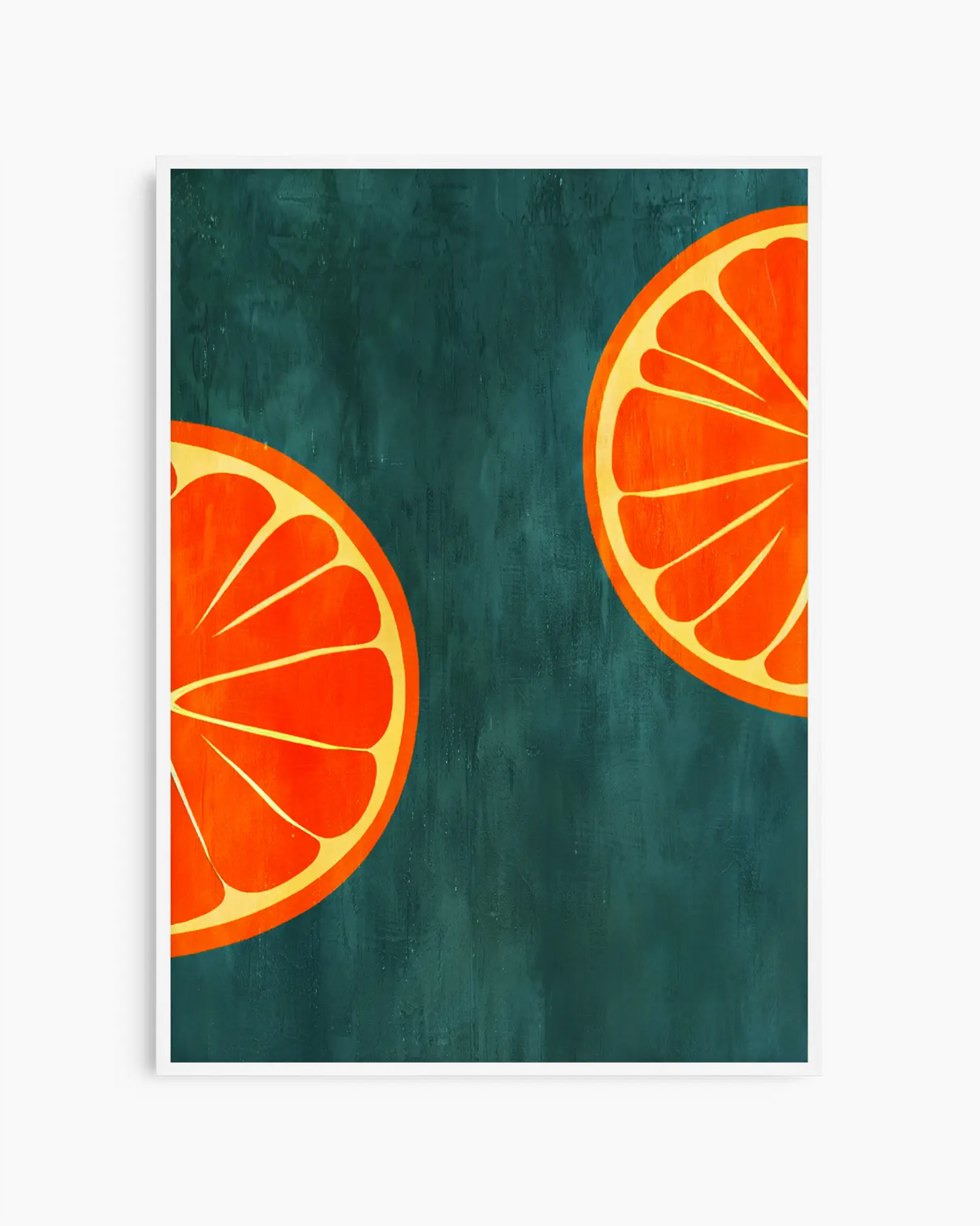 Two orange slices on a teal background