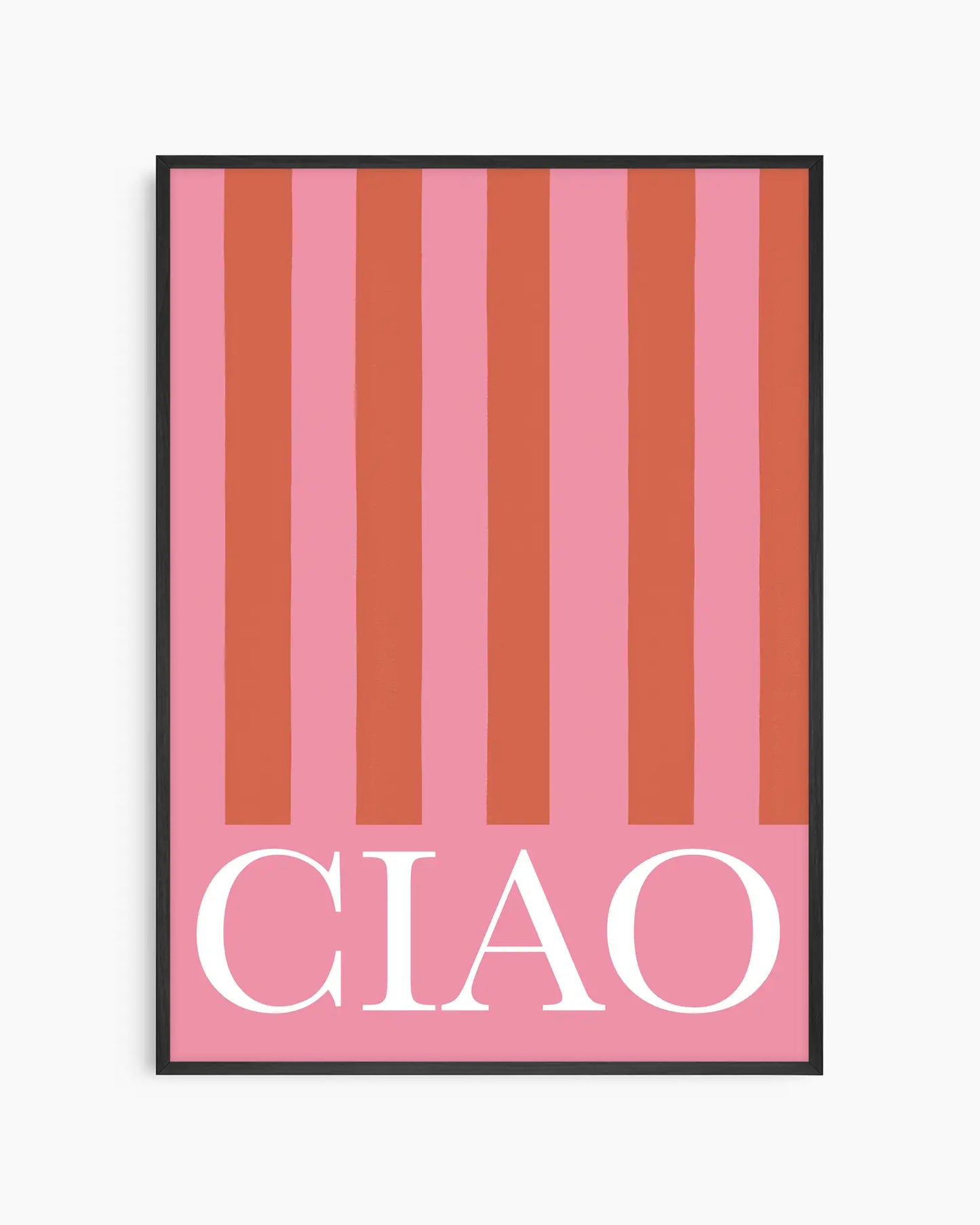 Poster with vertical stripes in pink and brown with 'CIAO' text on a white background