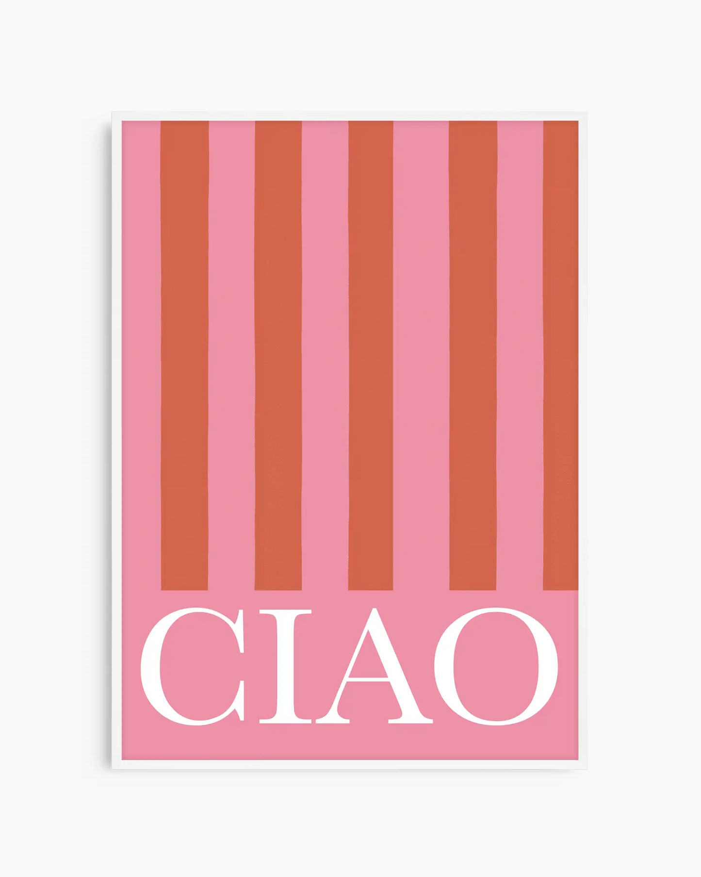 Pink and brown striped poster with 'CIAO' text on a white background