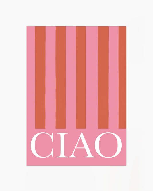 Pink background with brown vertical stripes and 'CIAO' text