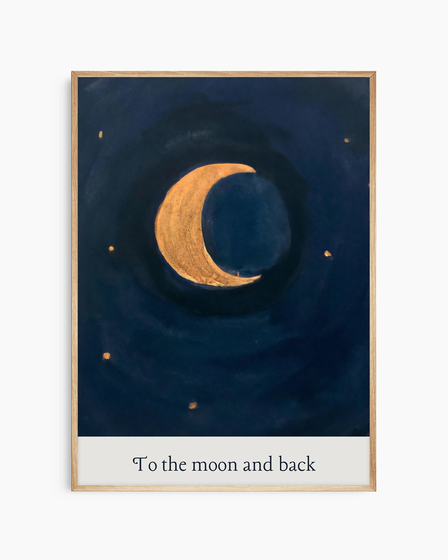 Framed artwork with a gold crescent moon on a dark blue background, featuring the text 'To the moon and back'.