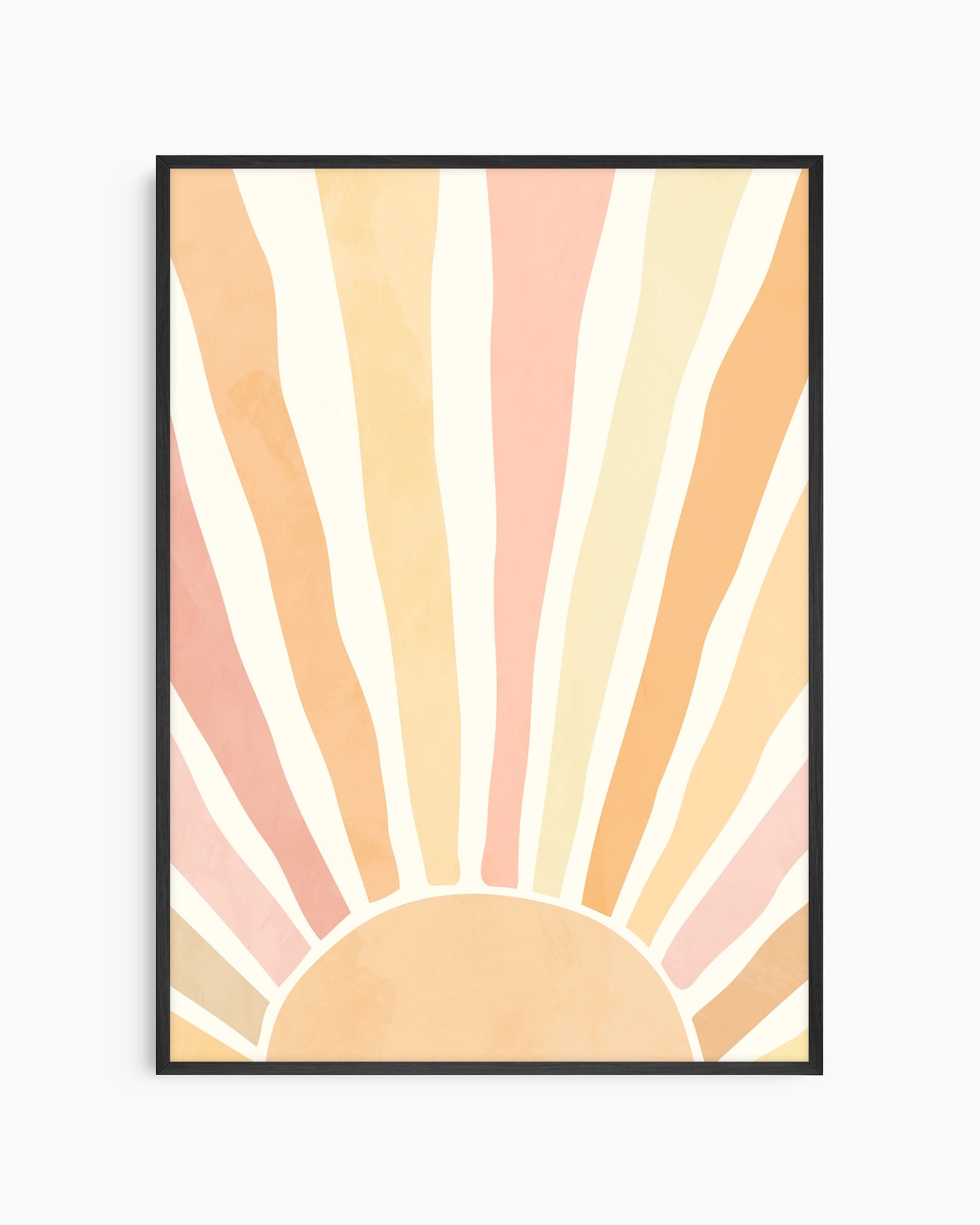 Framed abstract art print with a sunburst design in pastel colors on a white background