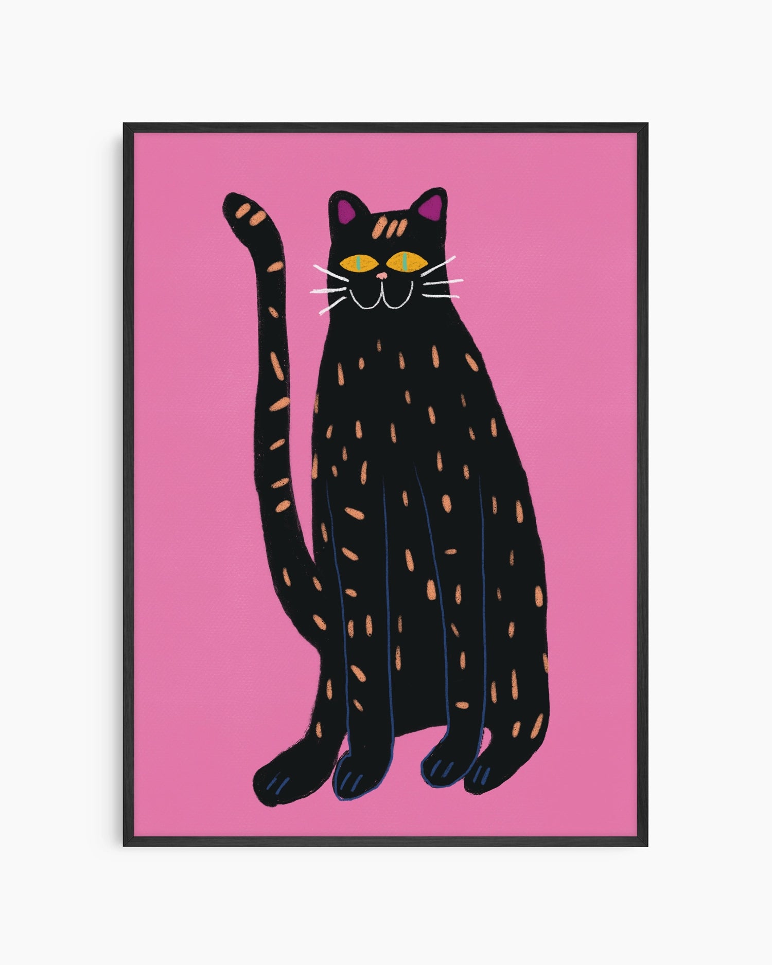 Framed artwork of a black cat with orange spots on a pink background