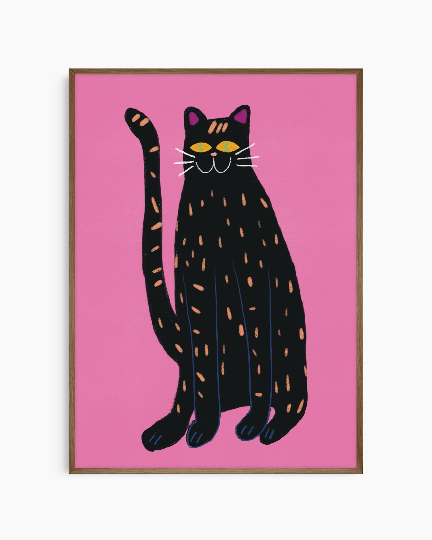Framed artwork of a black cat with orange spots on a pink background