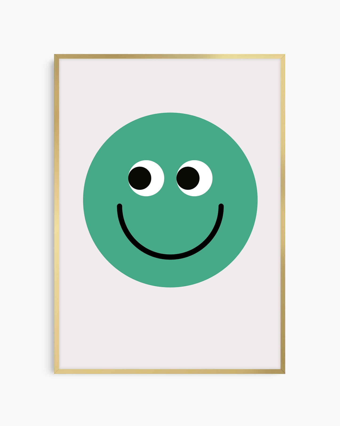 Framed artwork with a green smiley face on a white background