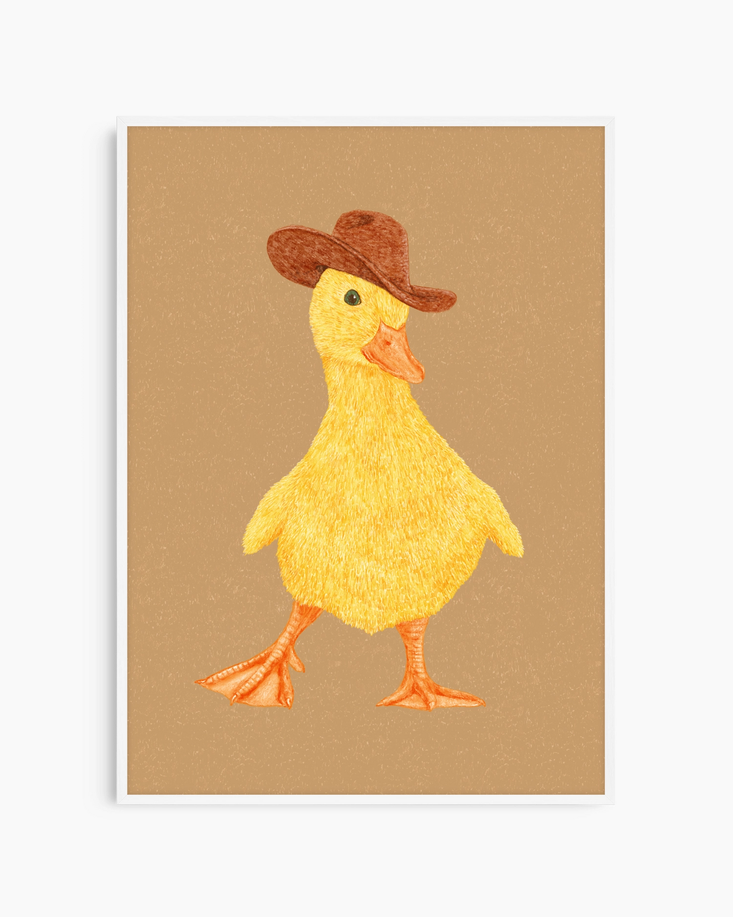 Yellow duck wearing a brown hat on a beige background