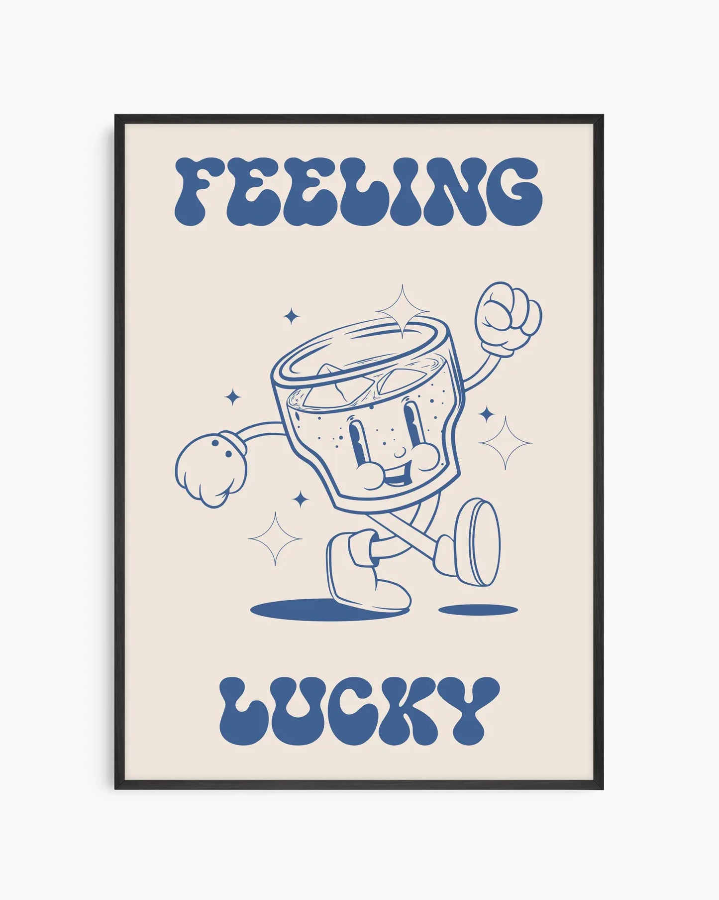 Framed artwork with a cartoon glass character and text 'Feeling Lucky' on a beige background