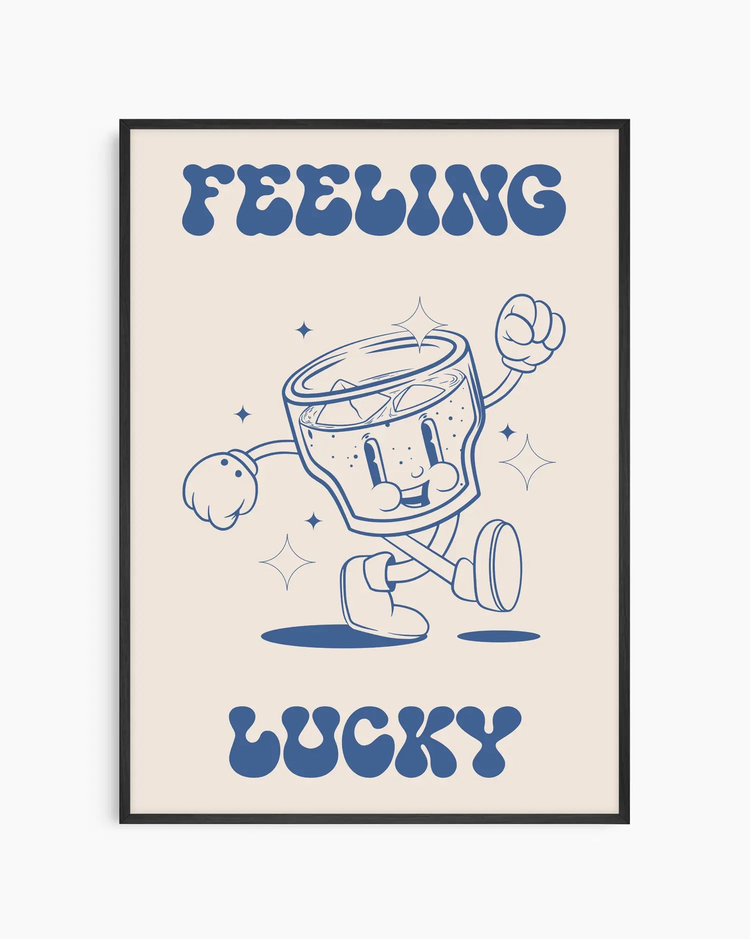 Framed artwork with a cartoon glass character and text 'Feeling Lucky' on a beige background
