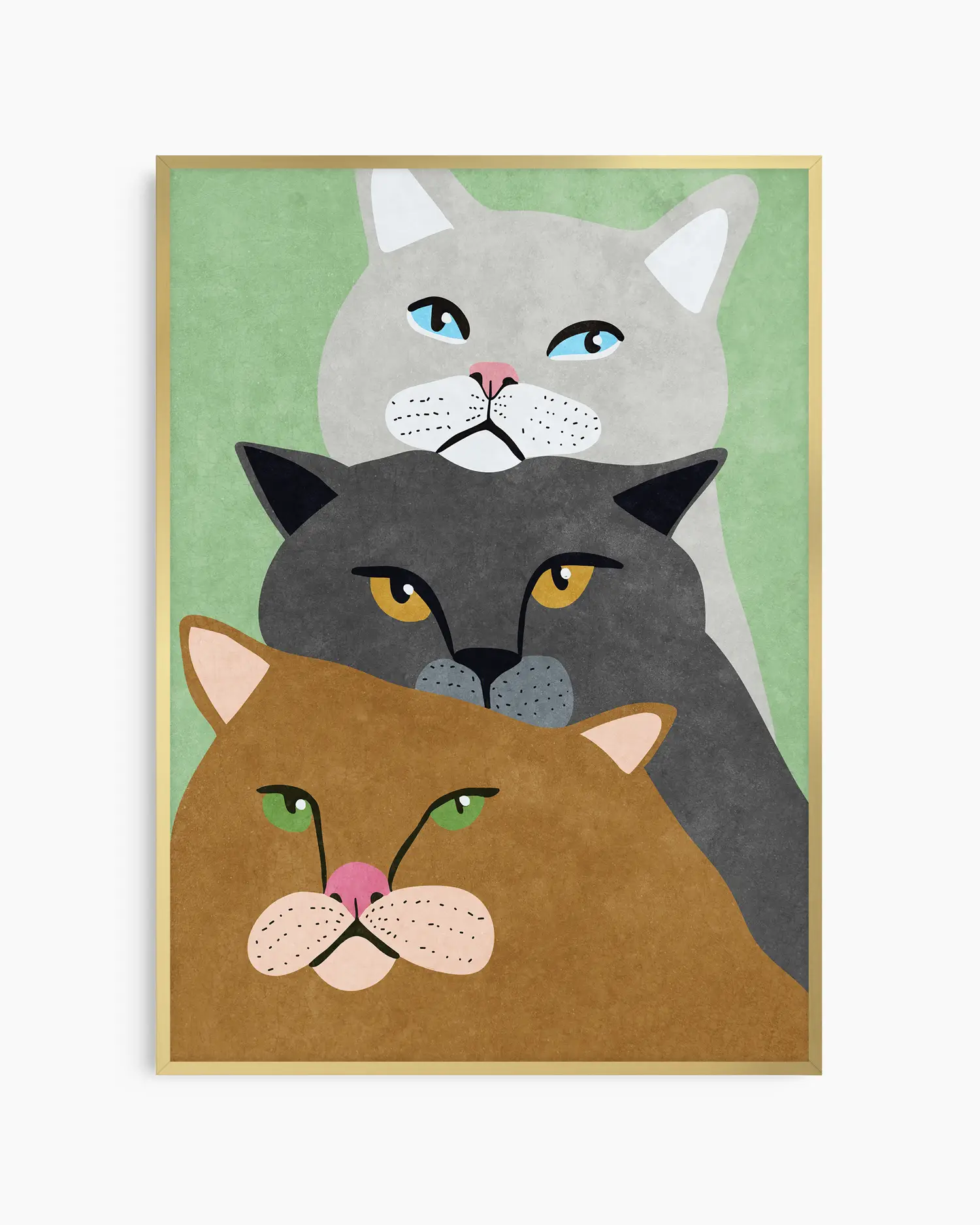 Framed artwork of three cats with different colors and expressions on a green background.
