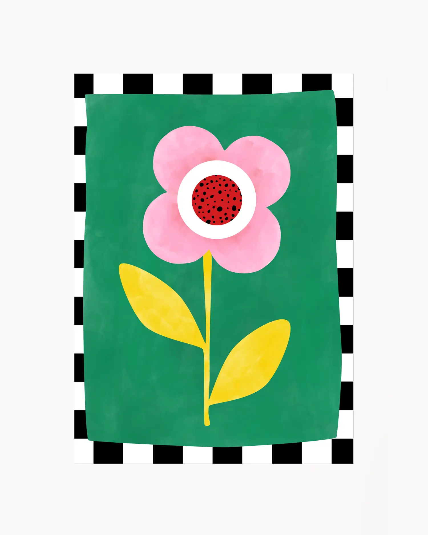Floral design with pink flower and yellow leaves on a green background, framed by black and white checkered border.